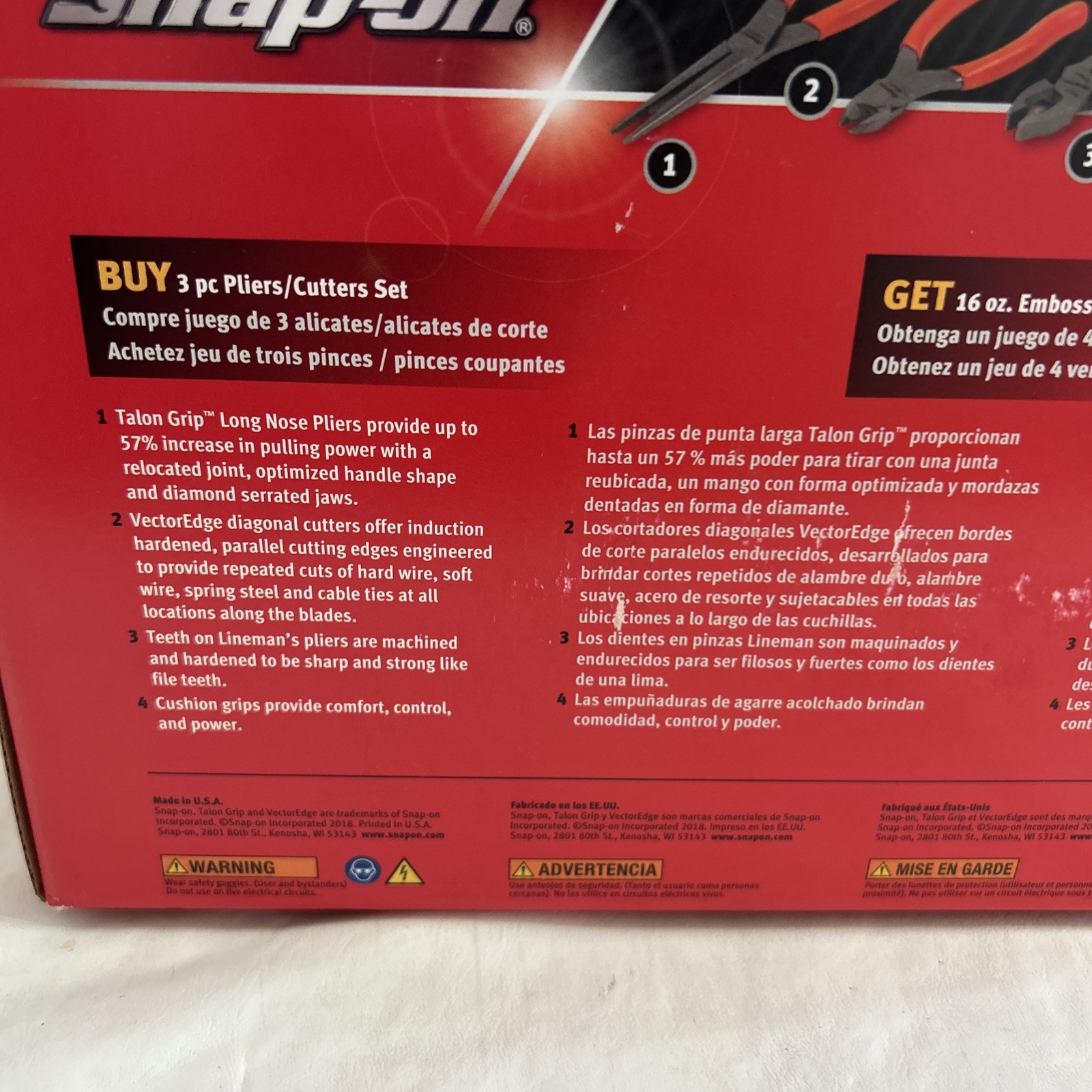 Snap-On 3pc Plier Set PLR300O Including 57AHLP 86CF 96ACF USA + 4 Glass Set