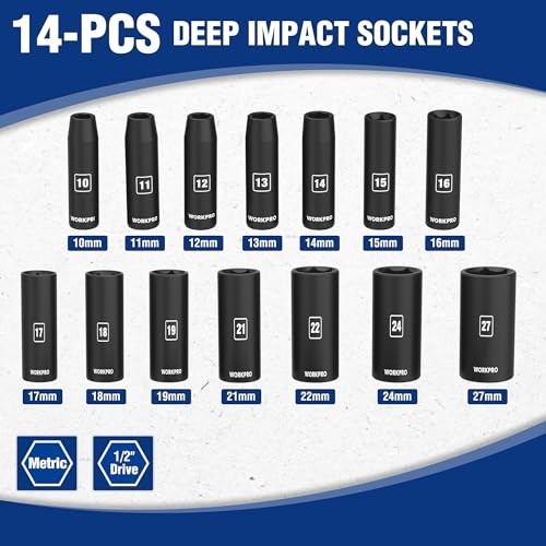 14-Piece 1/2″ Drive Deep Impact Socket Set, 6-Point, Heavy Duty Case, 10mm-27mm,