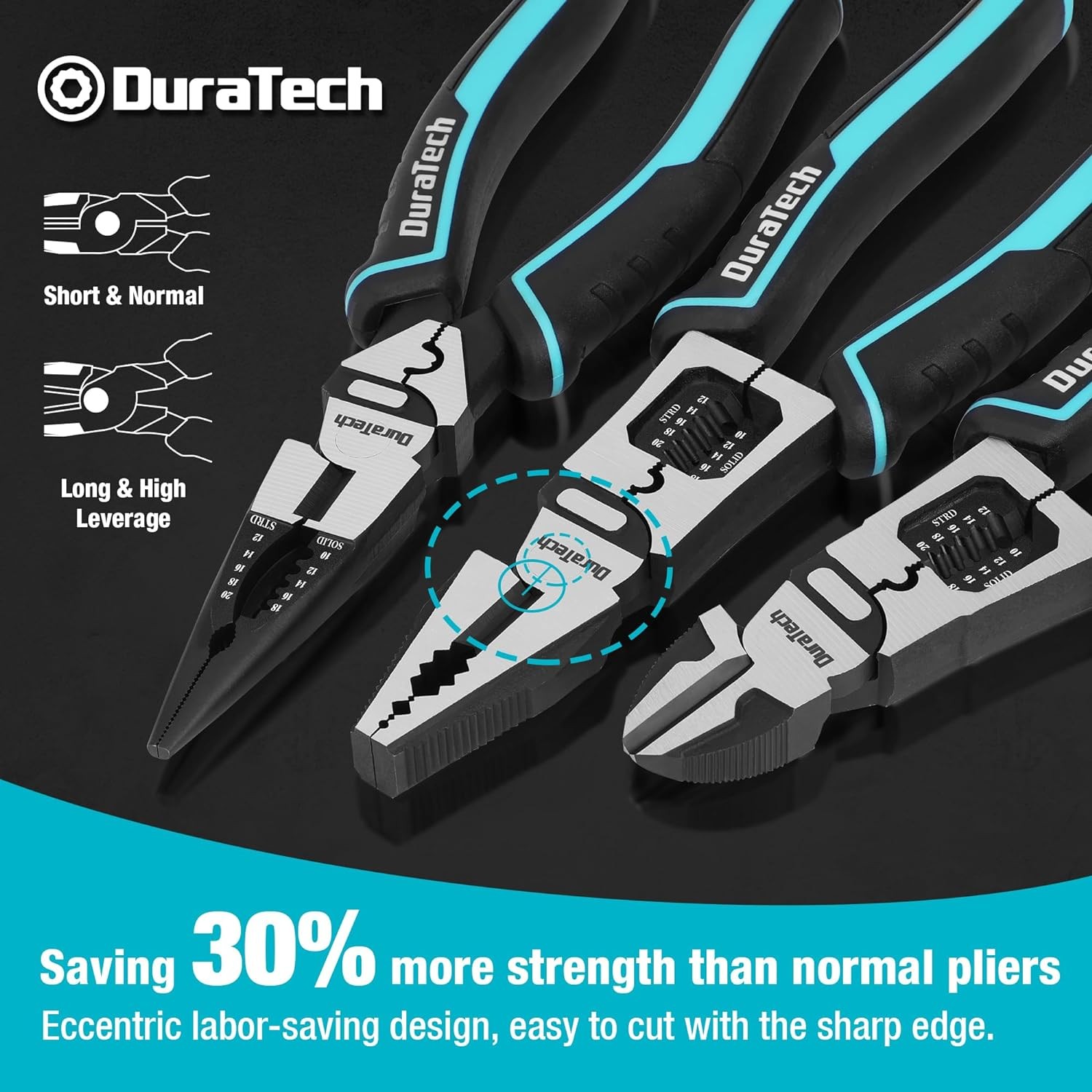 DURATECH 3PCS Pliers Set, Large 6 in 1 Multifunctional Wire Stripper Black