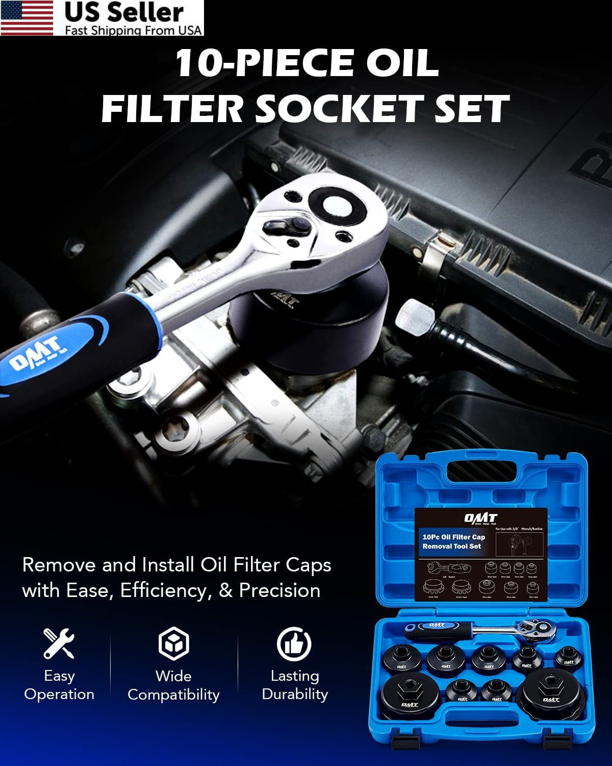 Orion Motor Tech Oil Filter Wrench Set, 10pc 9 Sizes from 24 to 64.5mm, Blue