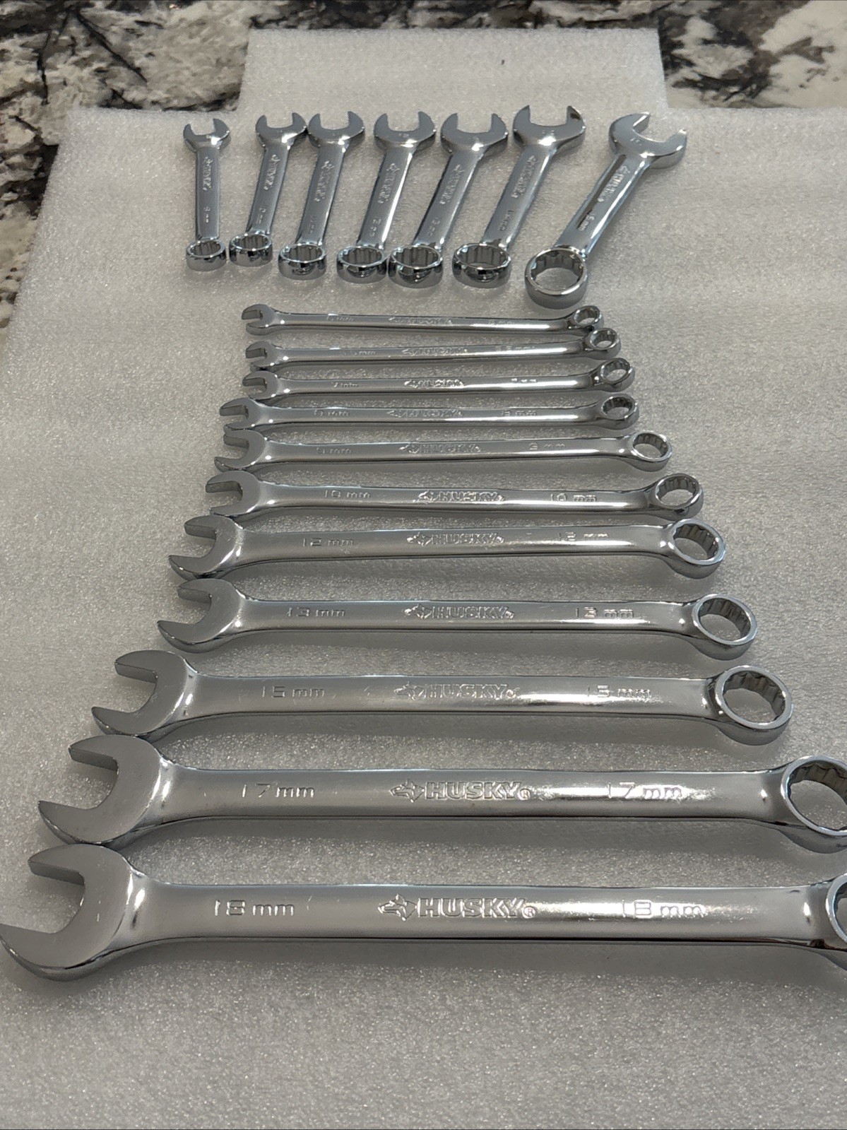 Vintage Husky Polished Chrome Combination Wrench Set Metric Lot Of 18 Pieces