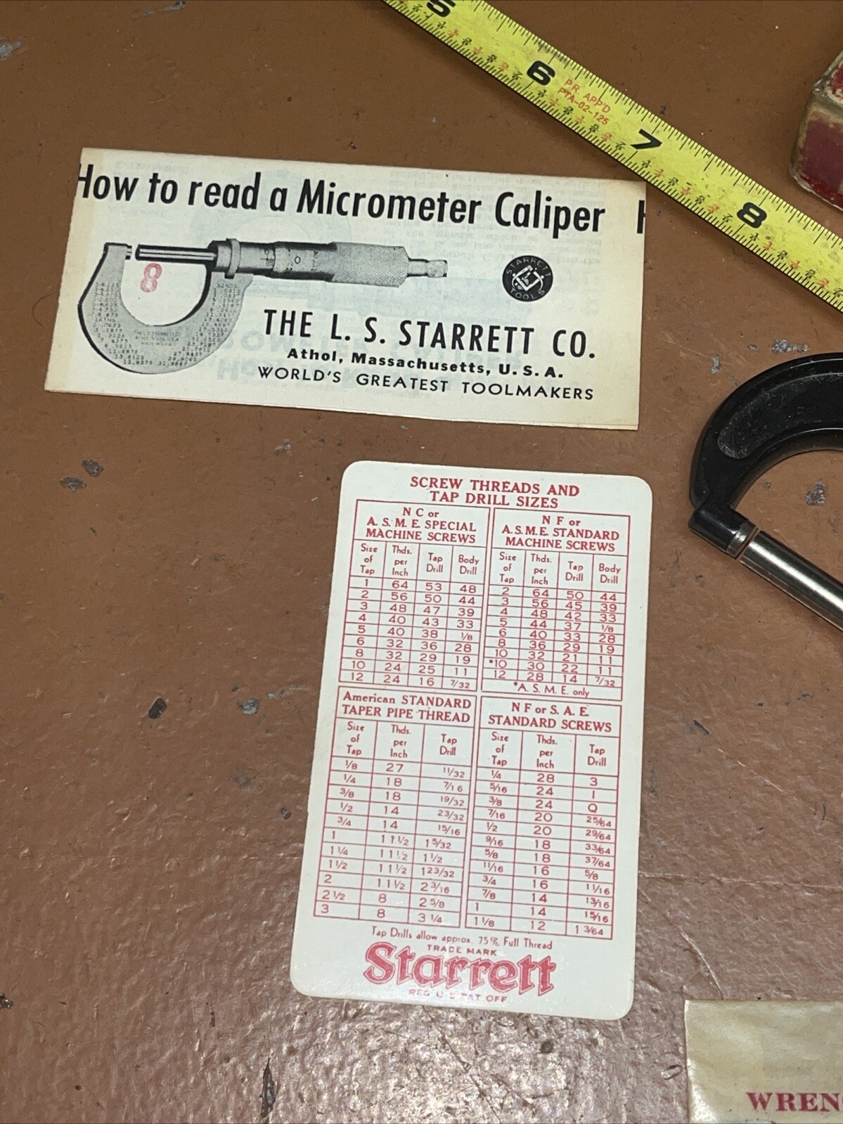 Vintage LS Starrett No 436 F 4361 1 In Micrometer CALIPER Box And Papers Wrench