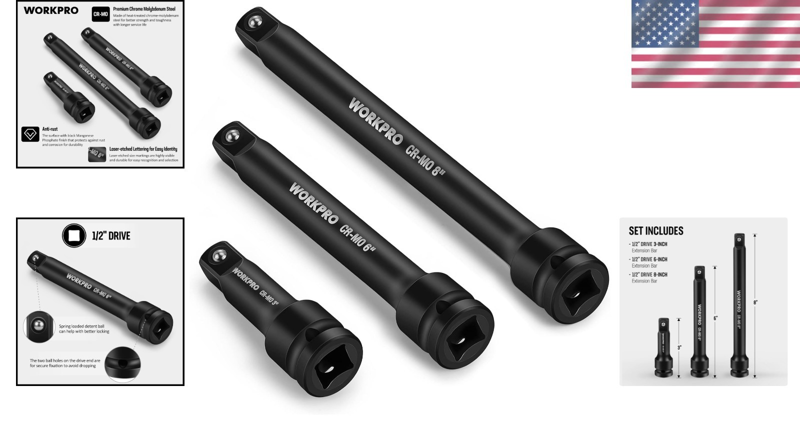 Durable 1/2-Inch Drive Extension Set – 3 Pieces with Manganese Phosphate Finish