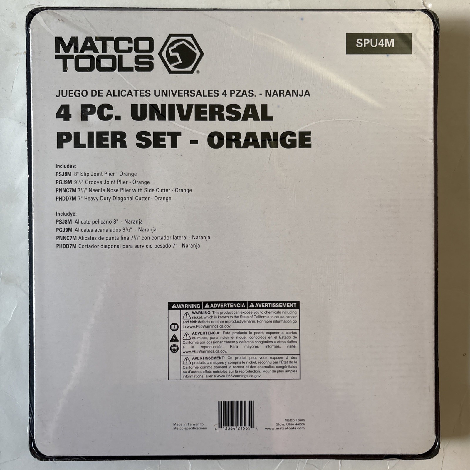 Matco Tools SPU4M 4-Piece Universal Pliers Set Orange Grip Non Slip NEW