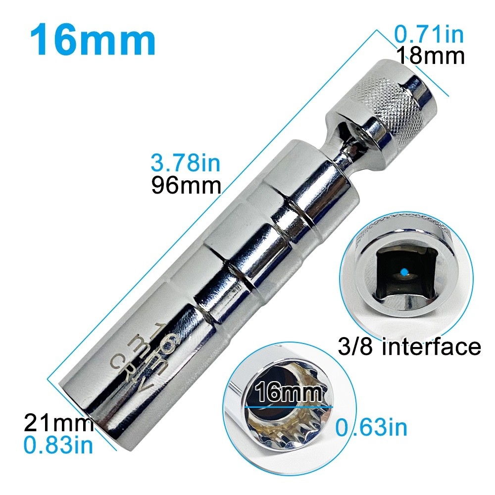 14mm & 16mm Thin Wall Magnetic Swivel Spark Plug Socket 12-Point Removal Tool