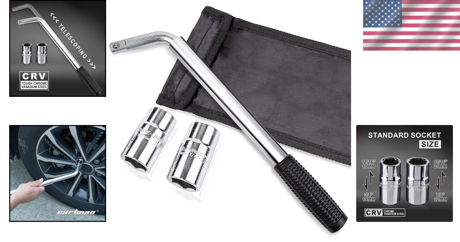 Telescoping Lug Wrench with 17/19 & 21/22mm CR-V Sockets – 21 Inch Extendable