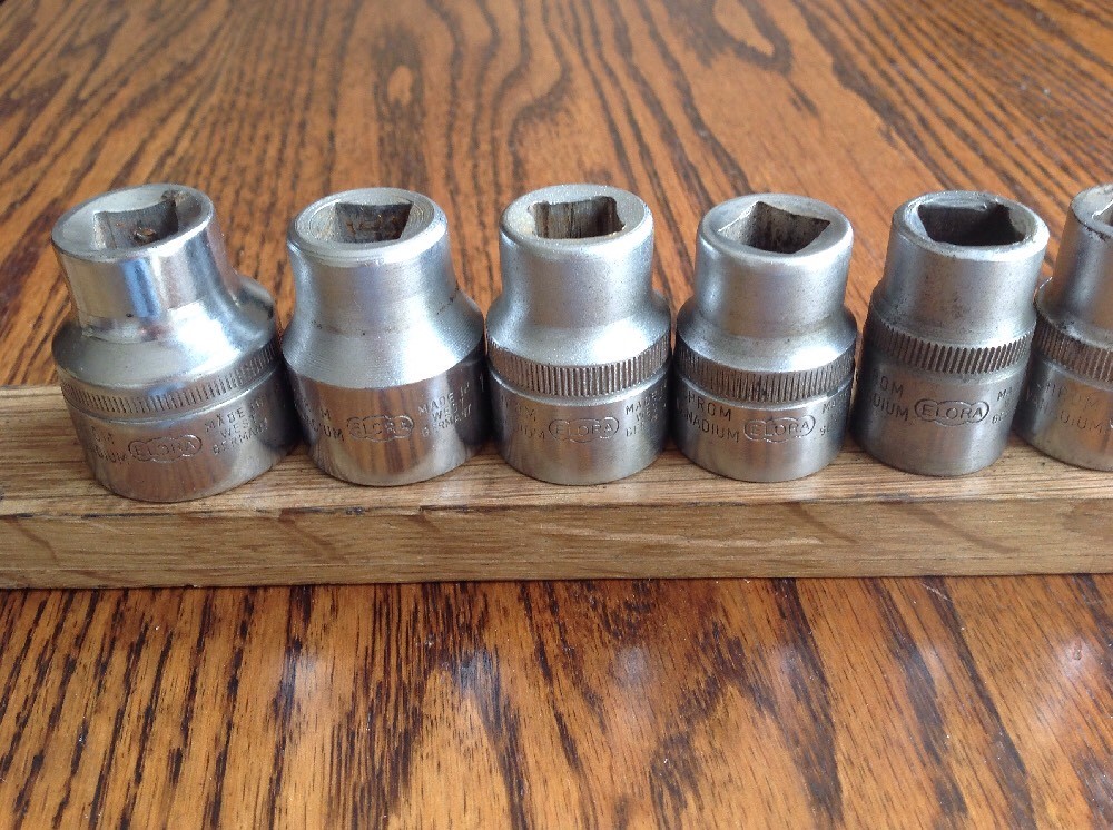 9 Elora Chrome Sockets 1-1/8″ To 7/16″ AF With 1/2″ Drive. C.