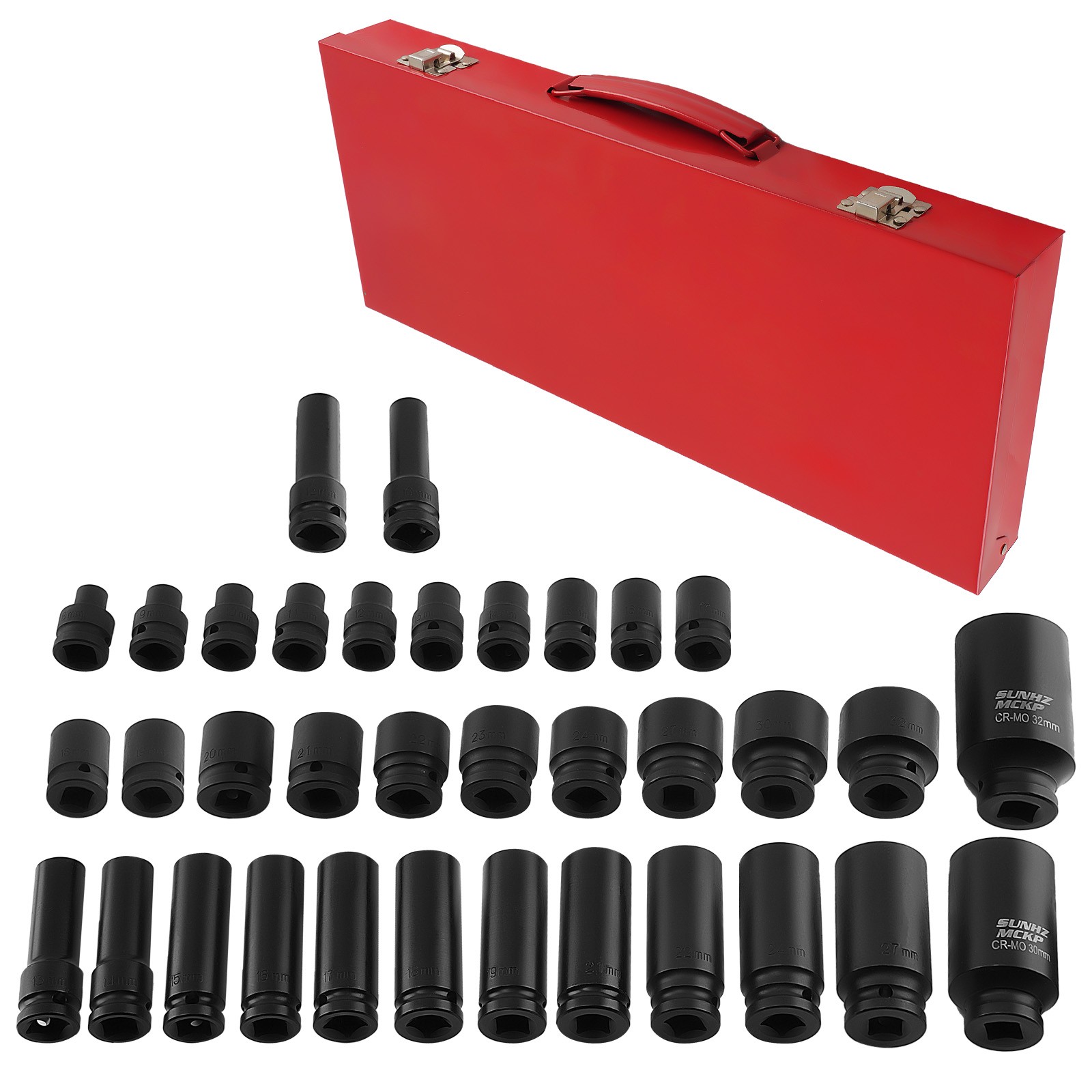 35pc 1/2″ Deep Impact Socket Set Drive 8mm-9mm-32mm 6 Point Metric Garage Tool