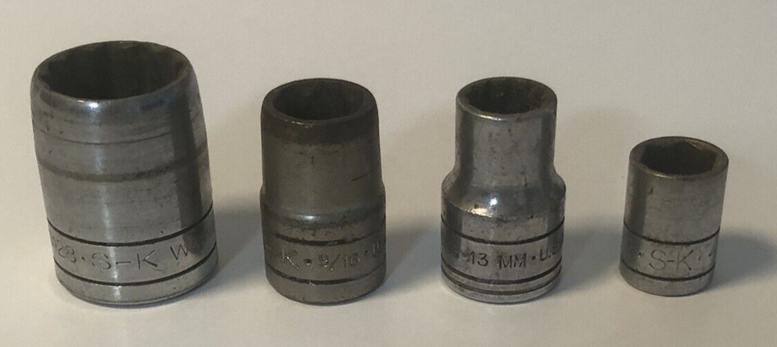 4 S-K Tools Socket Lot 7/8 9/16 1/2 13mm 1/2″ 3/8″ Drive 40128 40118 40313 45116