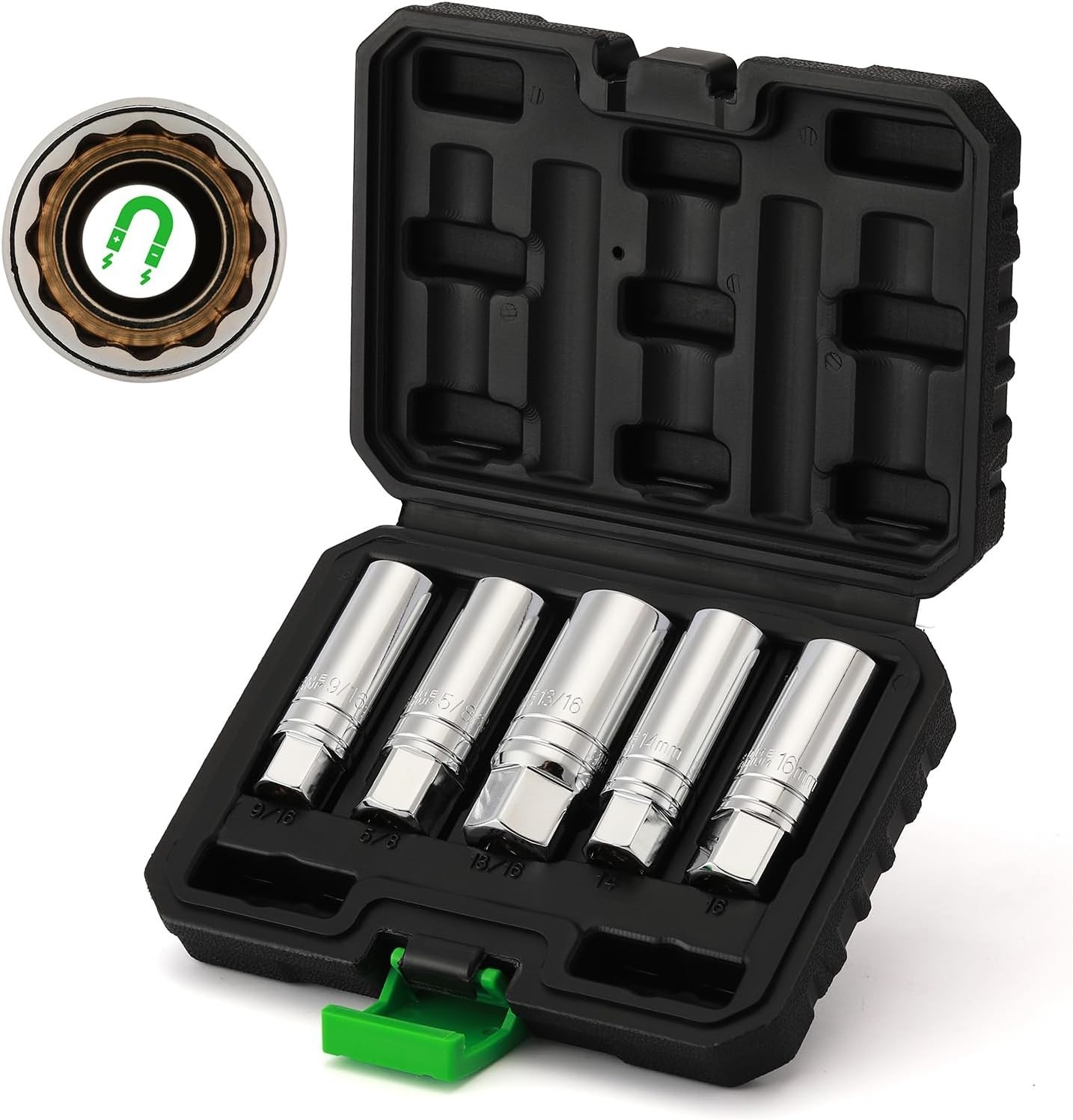 5 Piece 3/8-Inch Drive Magnetic Spark Plug Socket Set, Includes 14mm, 16mm Th…