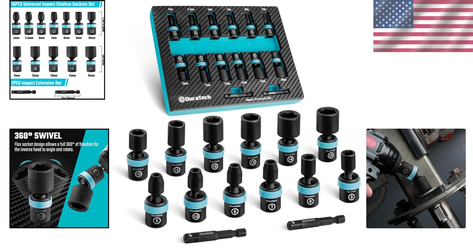 High-Quality 14-Piece Impact Socket Set with Laser-Etched Markings & Extensions