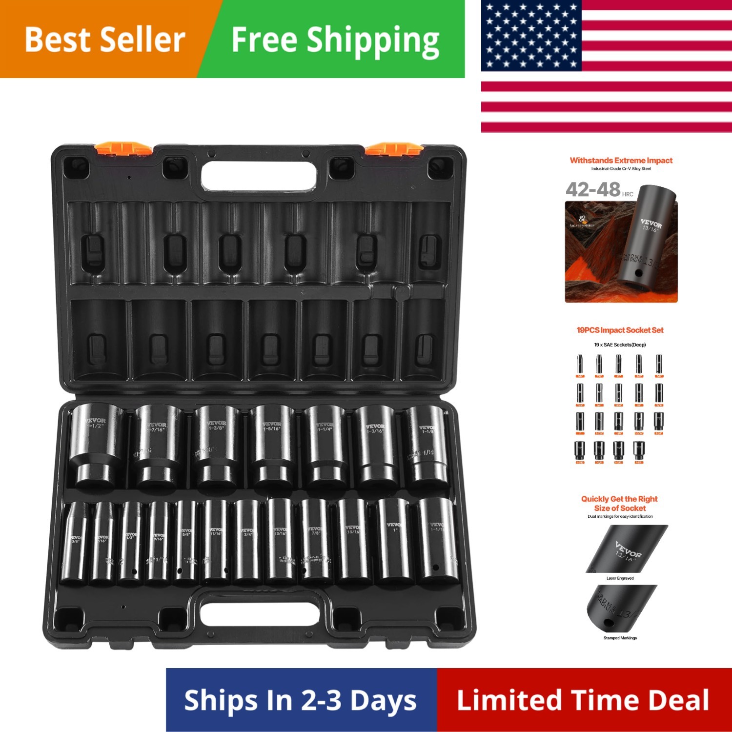 Impact Socket Set 1/2 Inches 19 Piece, Deep Socket, 6-Point Sockets, Rugged C…