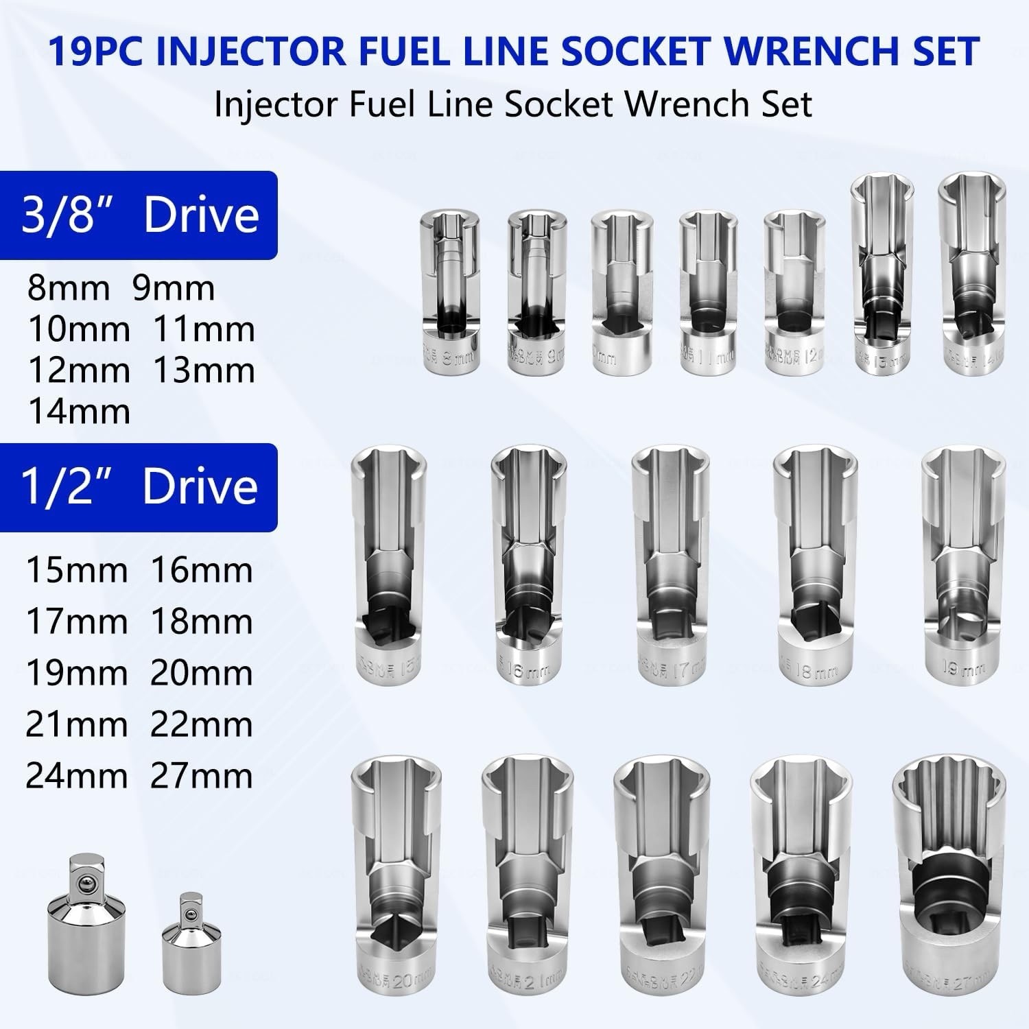 19PCS Diesel Injector Fuel Line Socket Set 8-27mm Flare Nut 3/8″ 1/2″ Drive, Glo