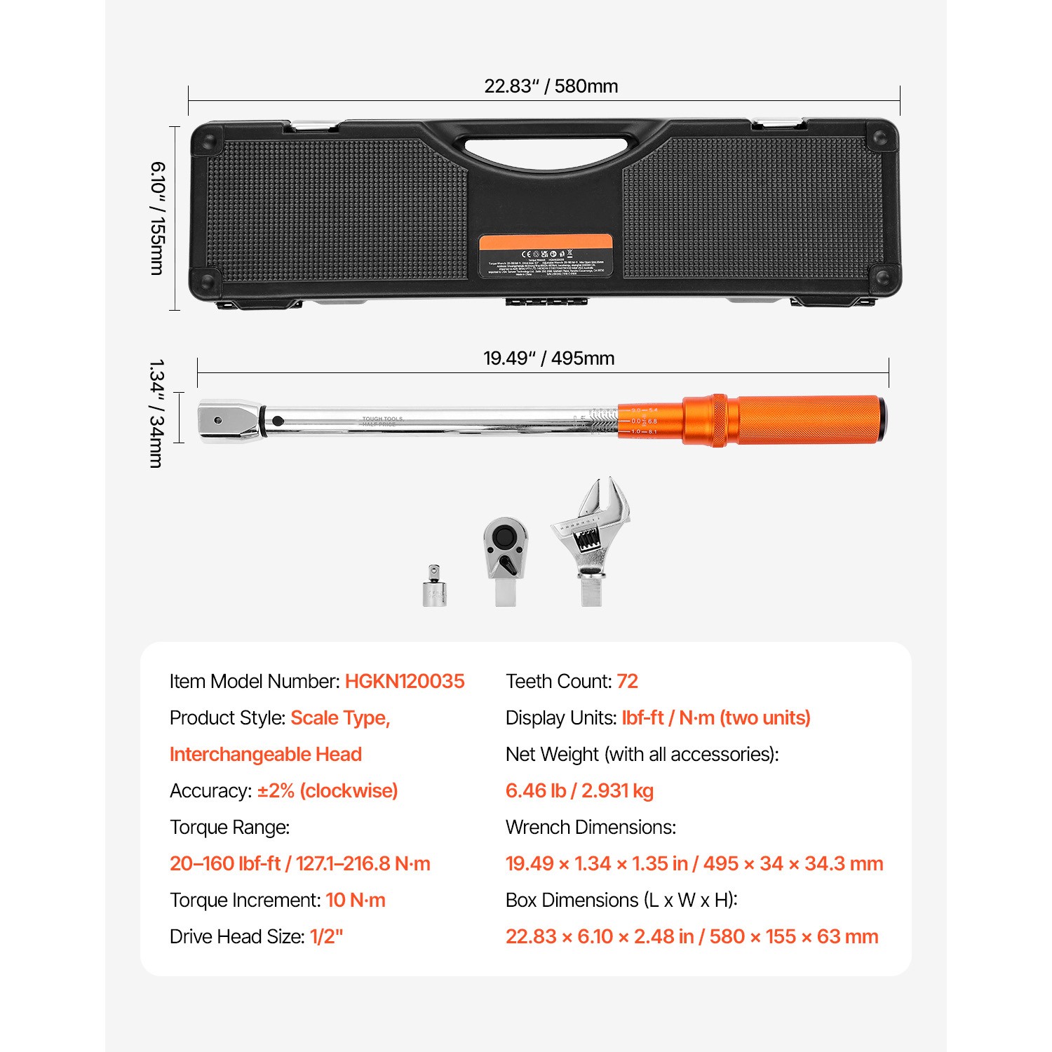 Adjustable Click Torque Wrench 1/2 In Drive 20-160 lbf-ft / 27.1-216.8 N.m