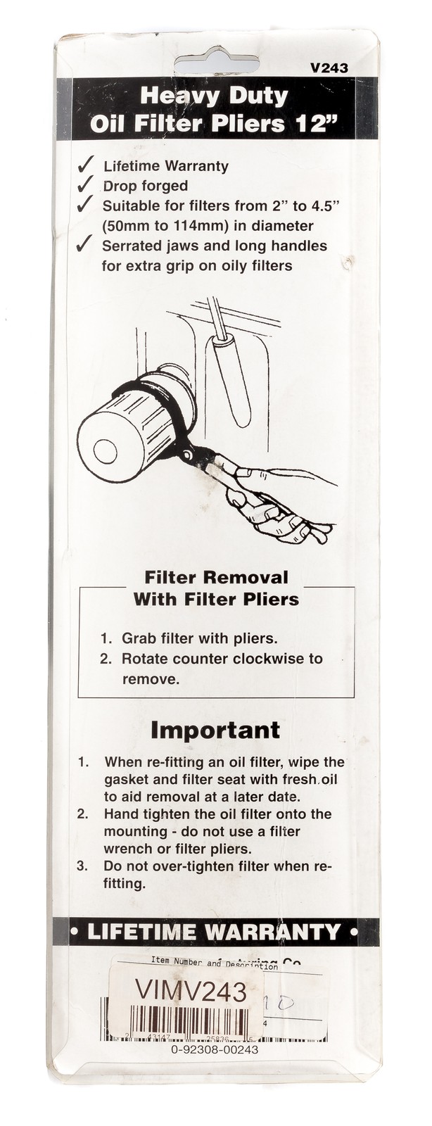 Vim Tools 12″ Heavy Duty Adjustable Oil Filter Pliers 2″-4.5″ Jaws Model VIMV243