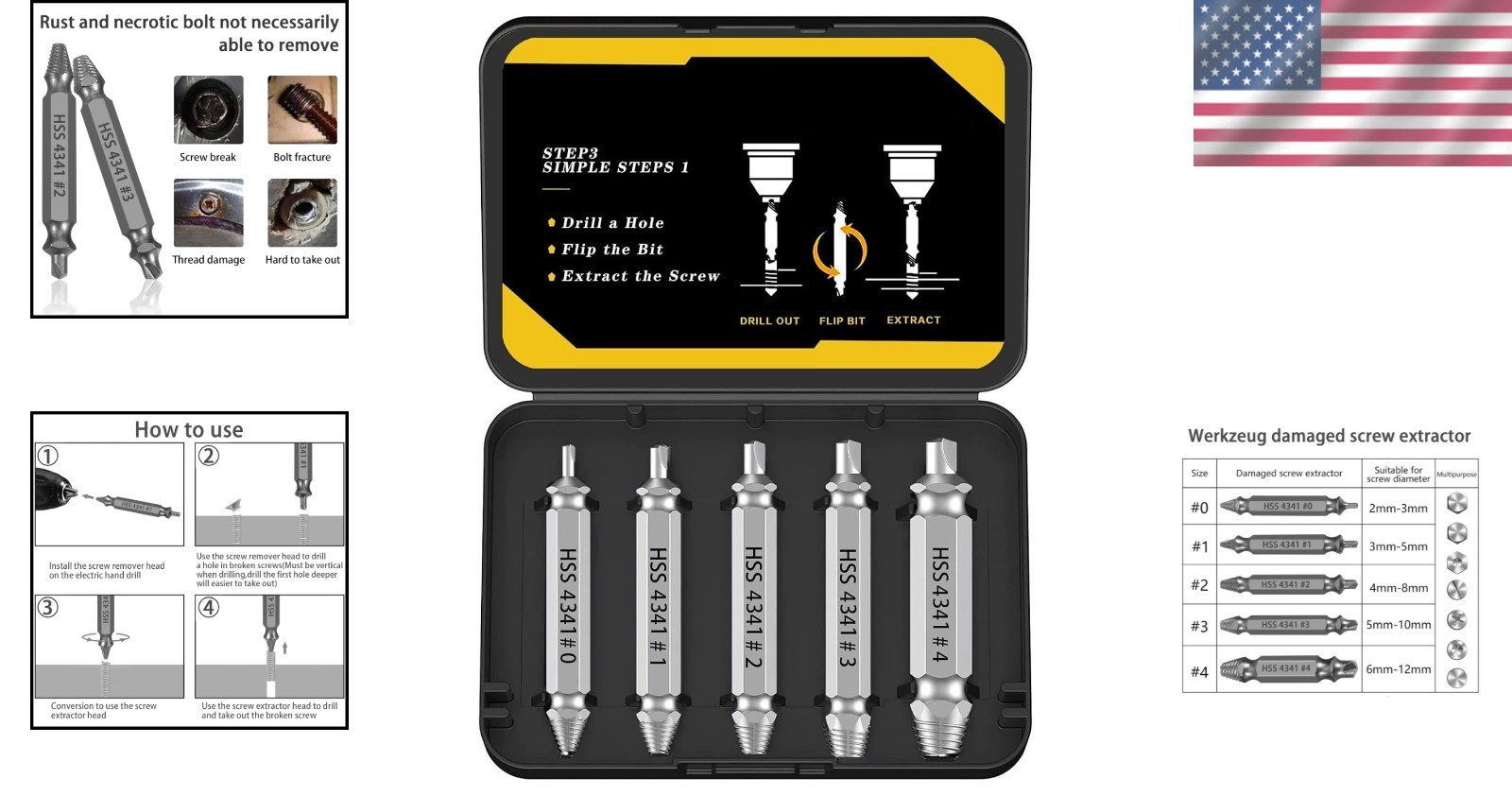 Versatile High-Speed Steel Screw Extractor Set – Professional 5-Pieces for DIY