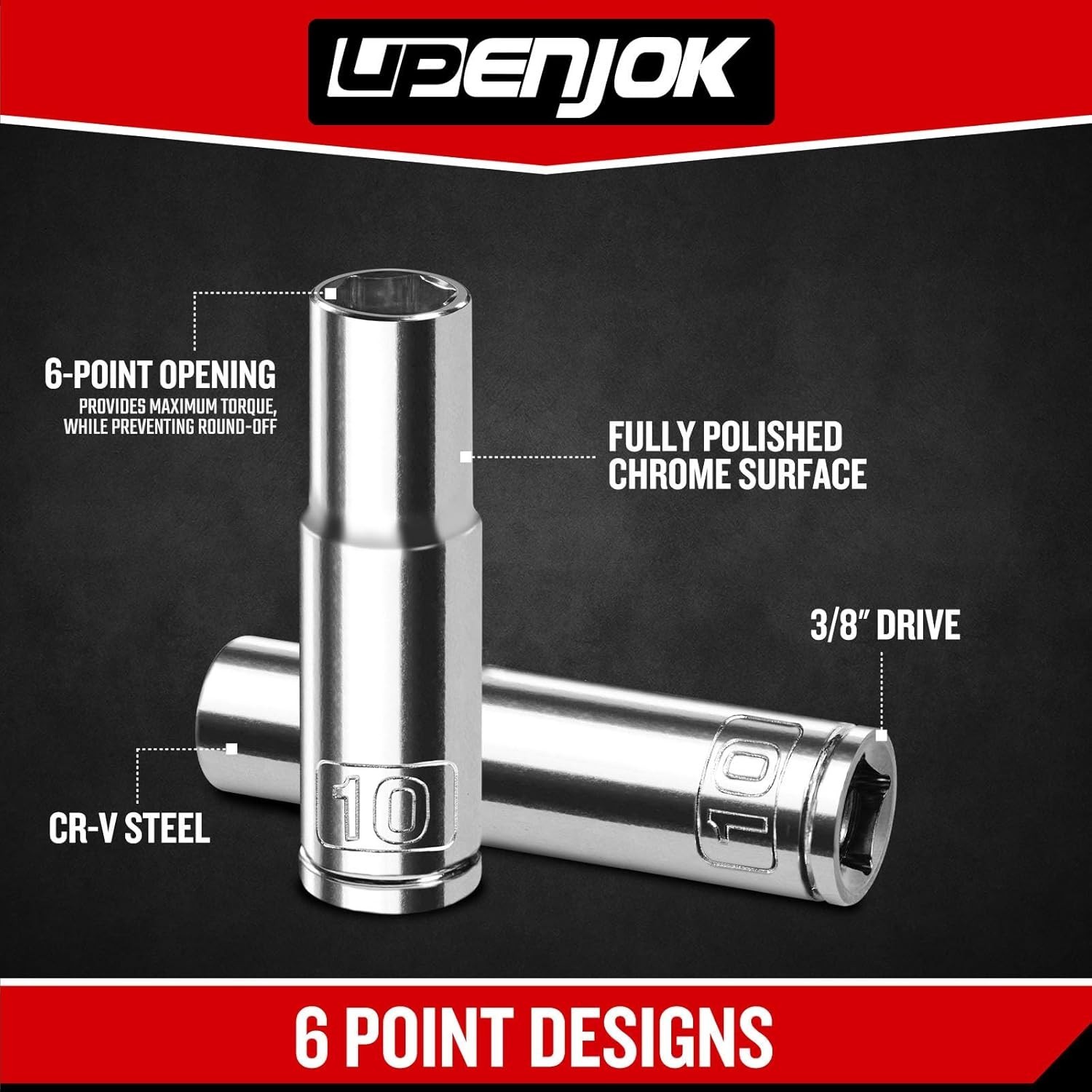 2PCS 3/8″ Drive 10mm Socket Set, Deep, Mirror Finish, Cr-V Steel, 6-Point