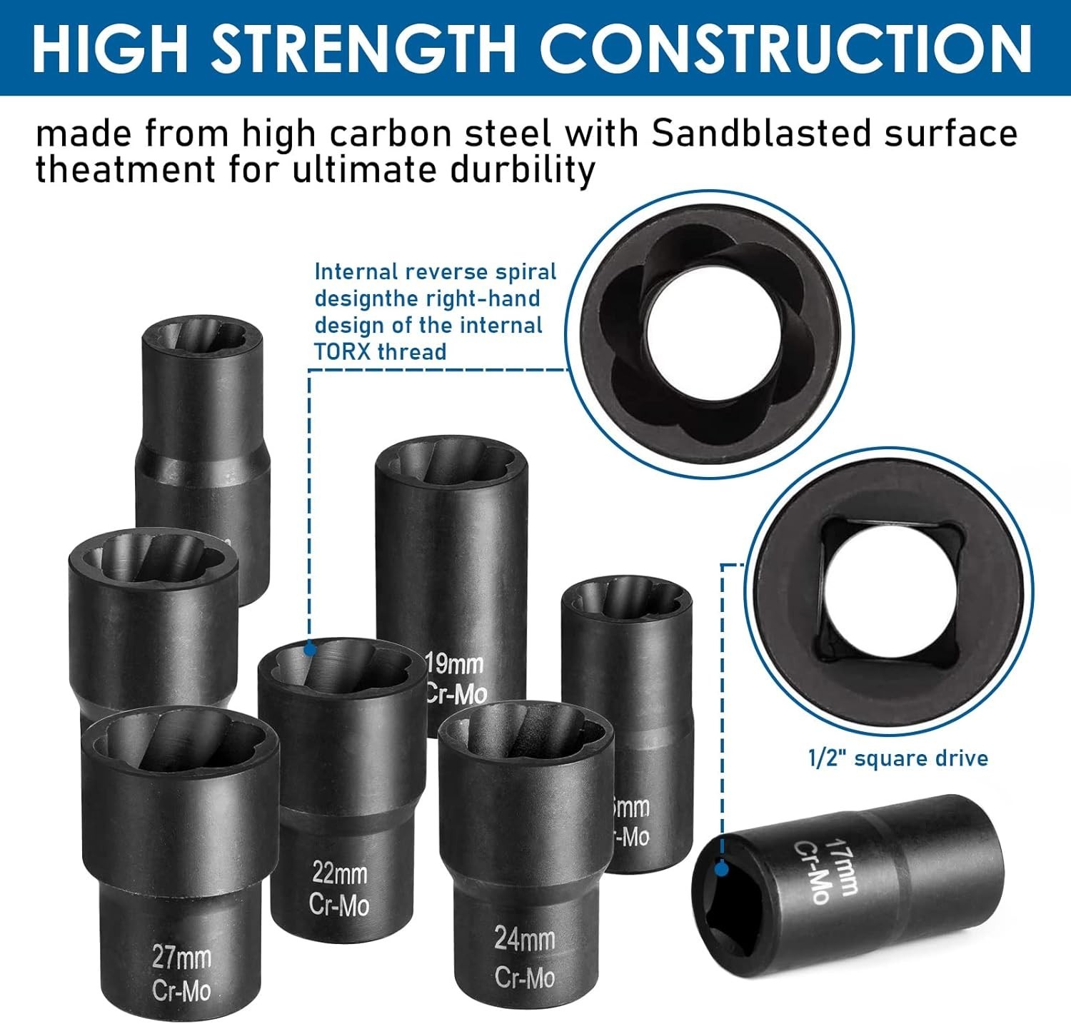 10 Pcs Bolt Nut Extractor Set 1/2inch Drive Lug Nut Remover Socket Tool Easy Out