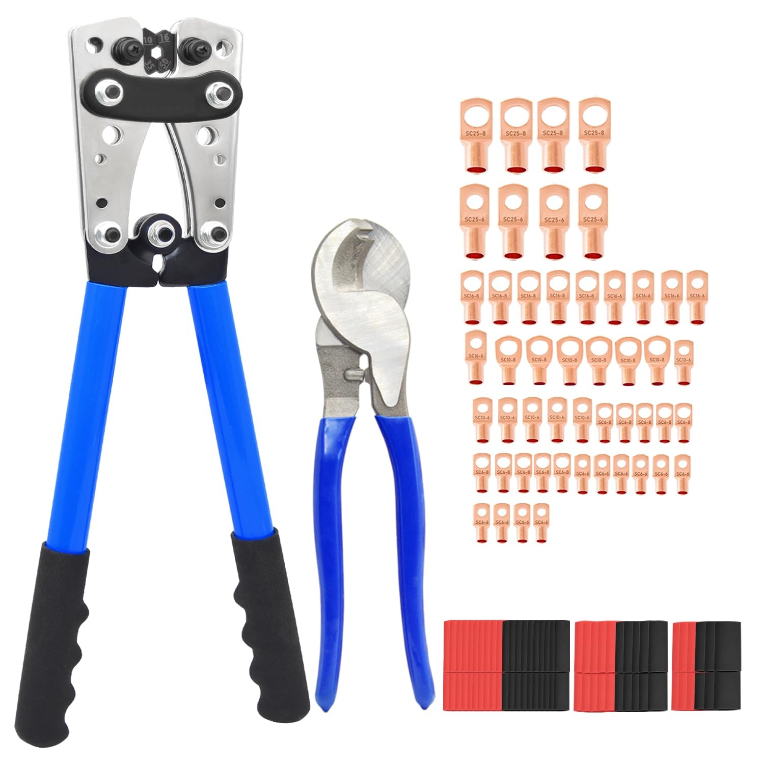 Cable Lug Crimping Tool with 50/100/200Pcs Copper Wire Lugs, Battery Blue