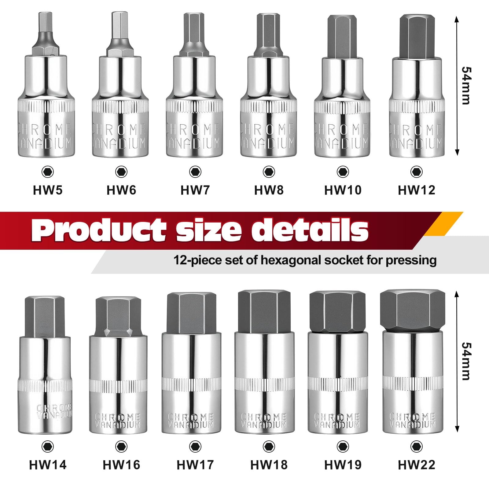 12PCS Metric Hex Bit Socket Set, Allen Socket Set 5-22mm (5, 6, 7, 8,