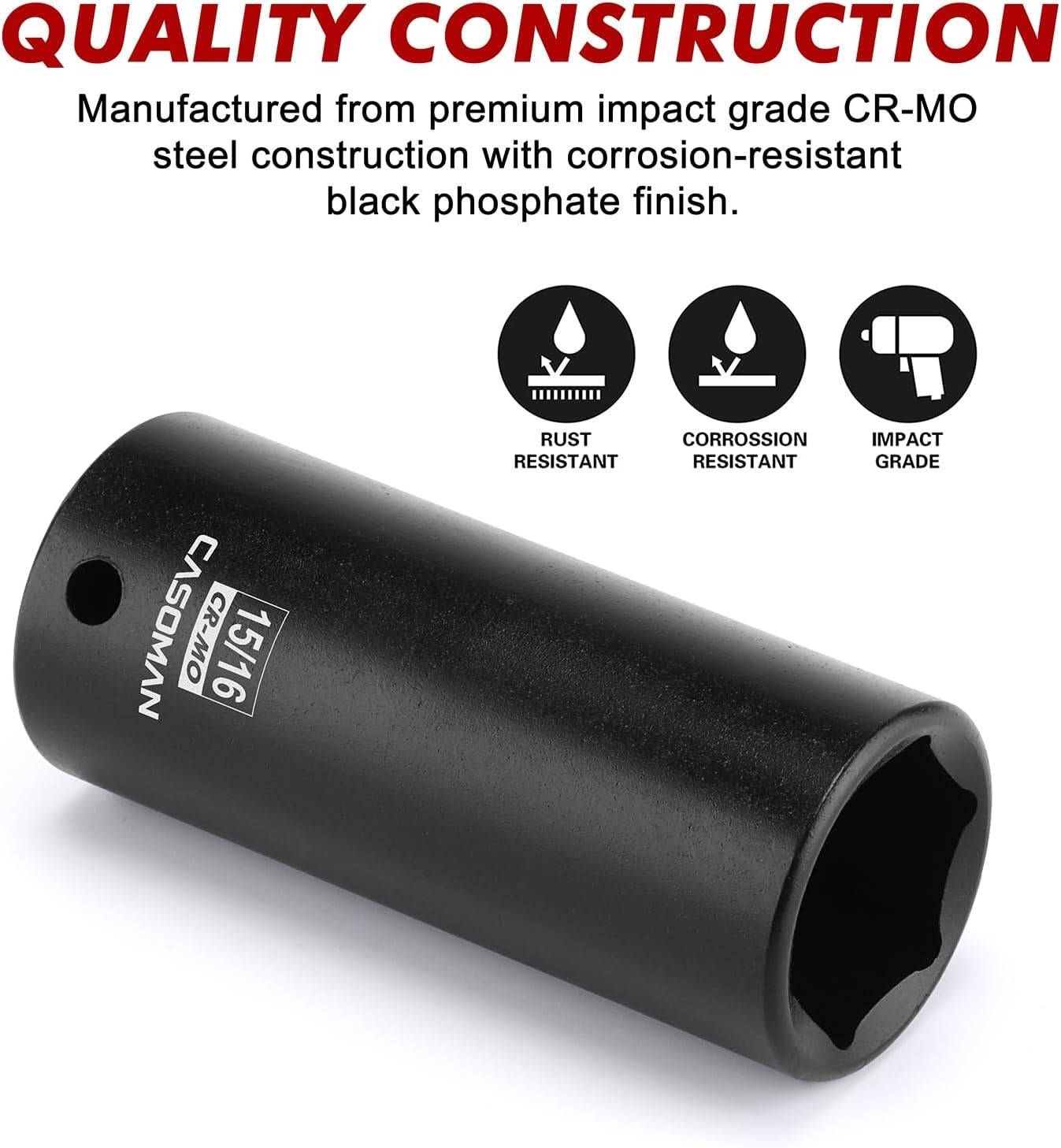 Precision 1/2″ Drive 15/16″ Deep Impact Socket – Corrosion-Resistant CR-MO Steel
