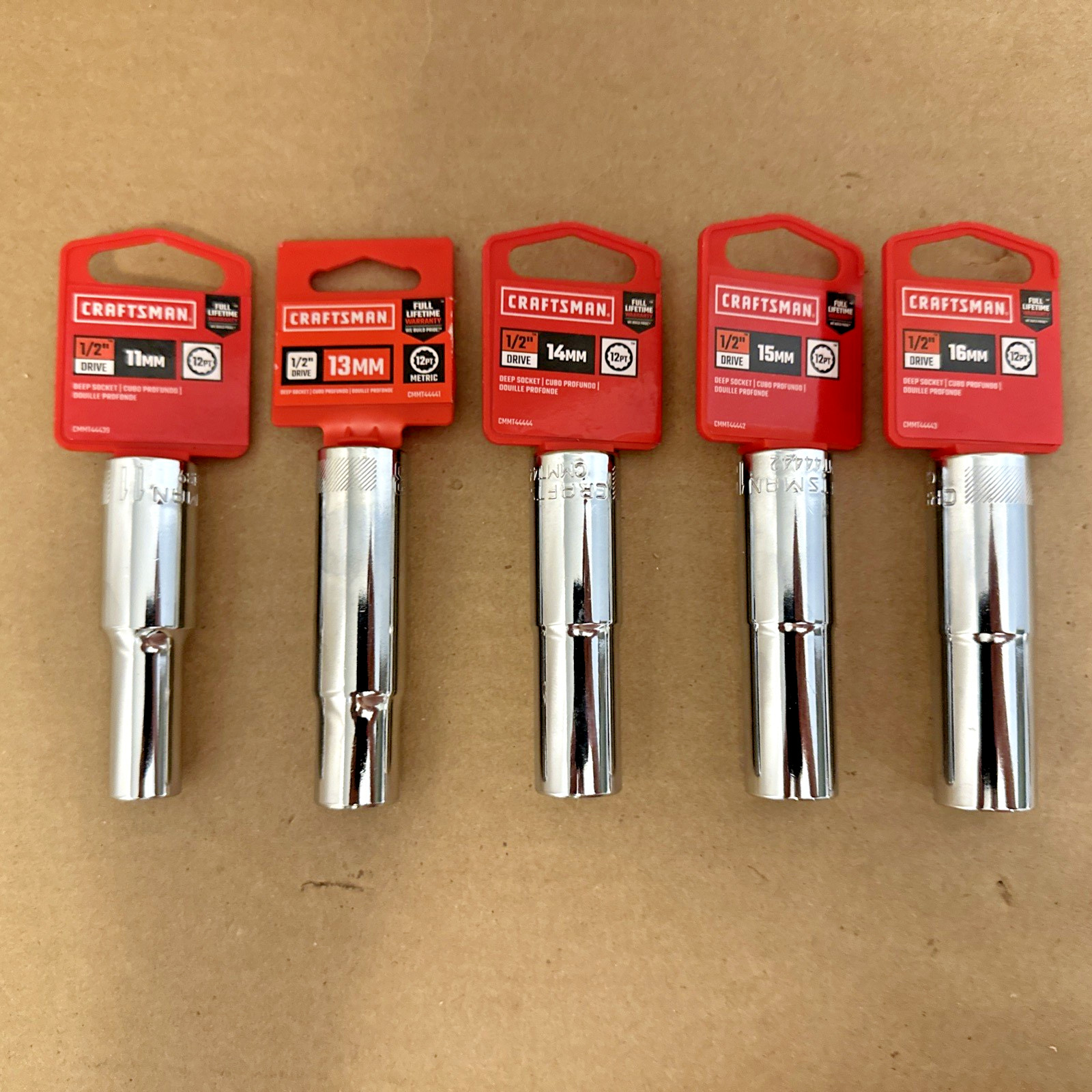 Craftsman 1/2 Drive 11mm, 13 mm, 14 mm, 15mm 16mm Deep Well Lot of 5 Five NOS