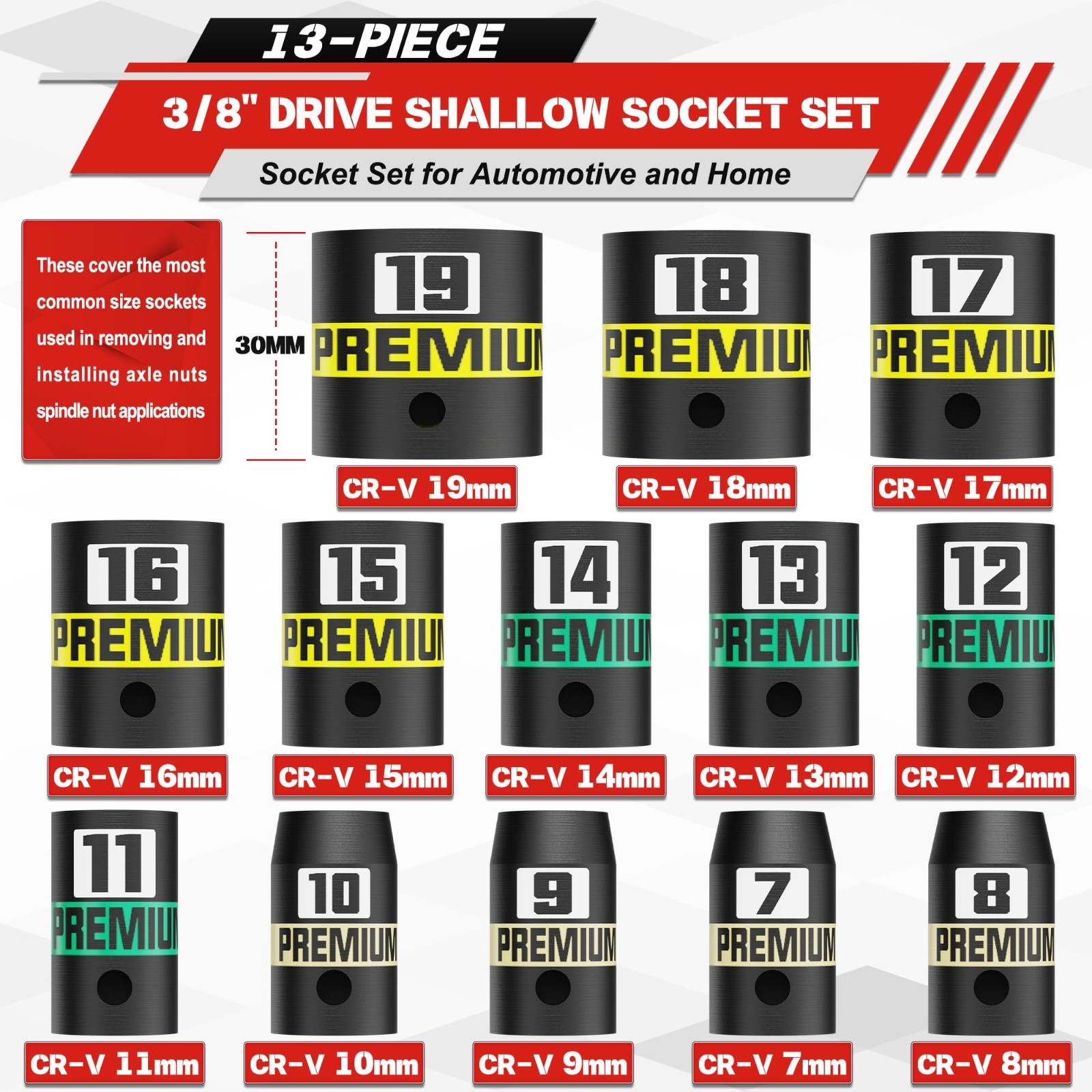 13-Piece 3/8″ Drive Metric Impact Socket Set, 7-19mm, Semi-Deep CR-V, 6 Point fo