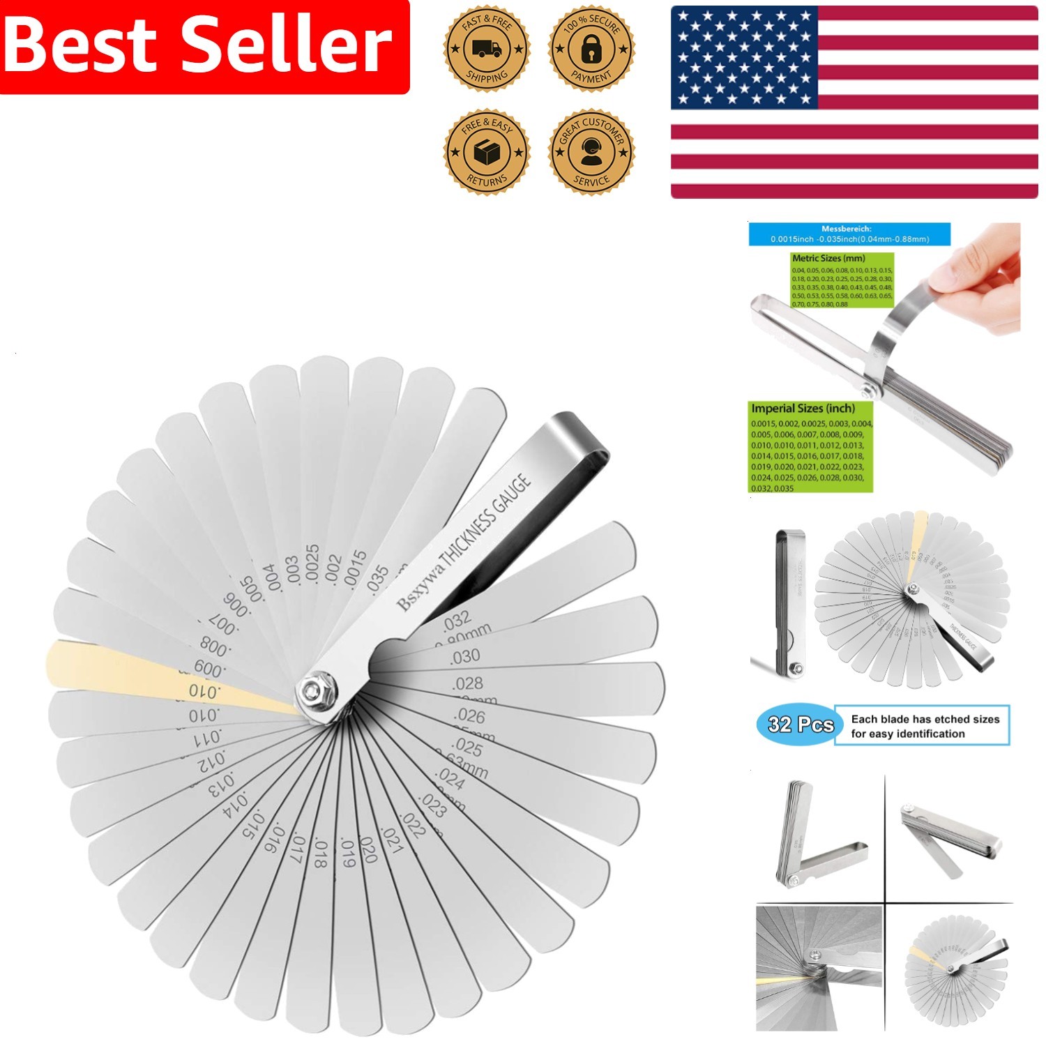 Precision Feeler Gauge Set 32 Blades Dual Marked Metric Imperial Thickness Gauge