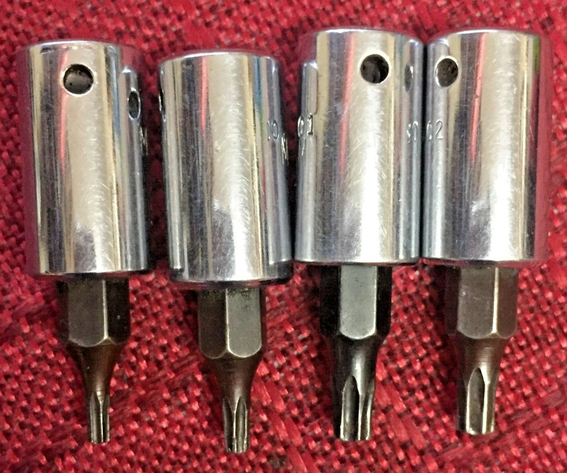 Mac Tool 4pc T8, T10, T15, T20 Chrome Torx Bit Socket 1/4″dr 1.5″L USA Gd 8.5/10