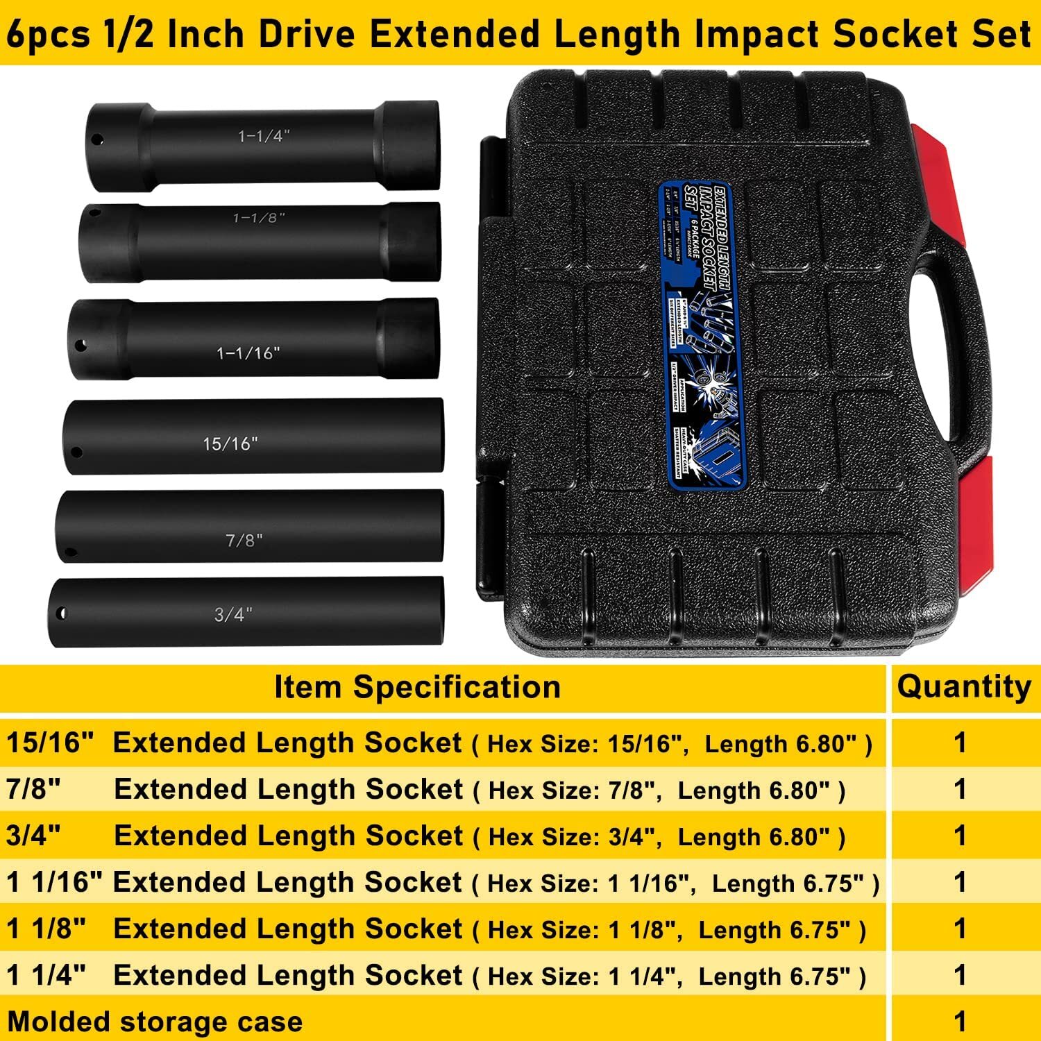 1/2 Inch Drive Heavy Duty Extended Length Extra-Deep Length Impact Socket