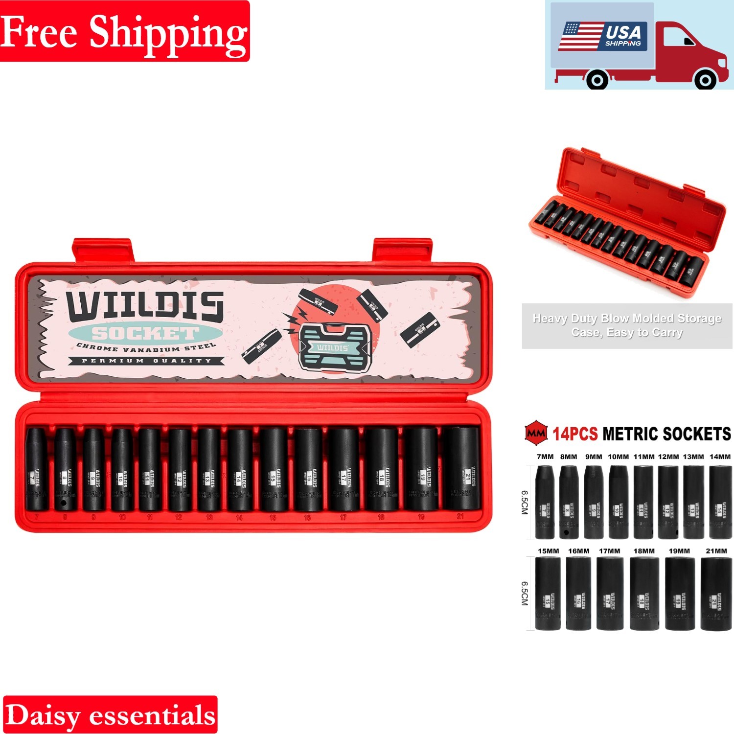 14-Piece 3/8-Inch Drive Impact Socket Set 7-21mm CR-V 6-Point Black Finish