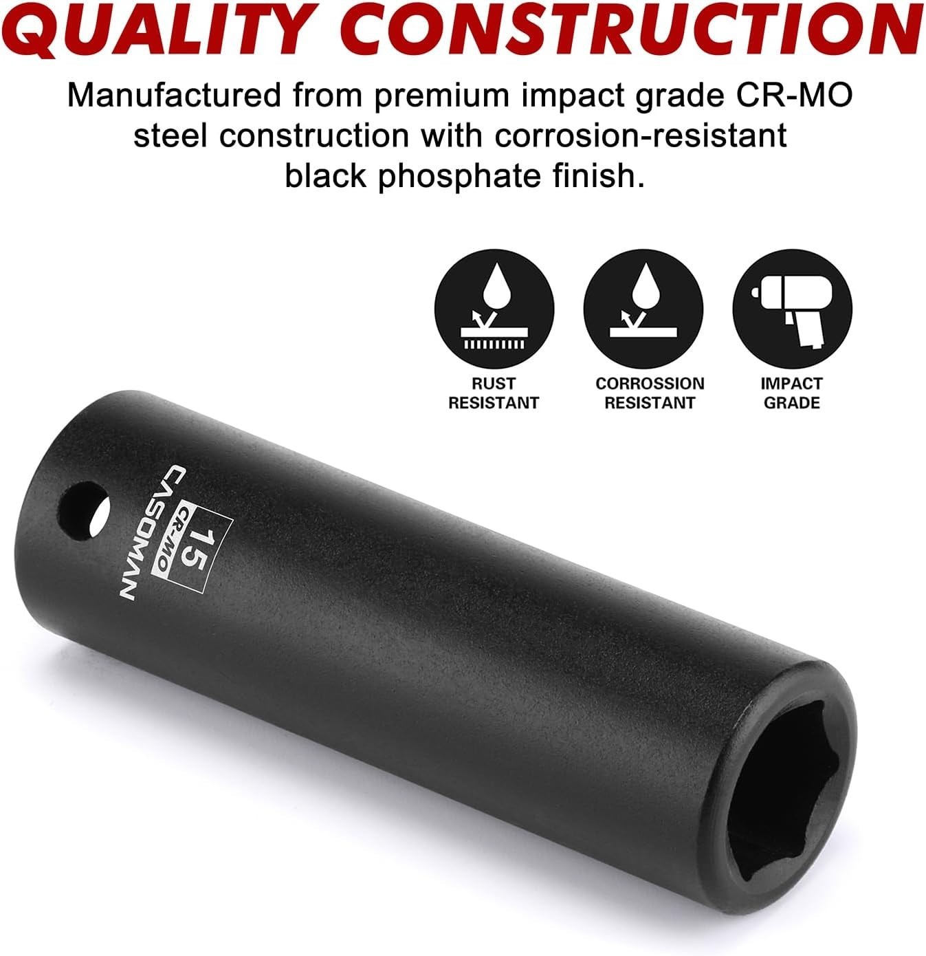 1/2″ Drive 15mm Impact Socket – Corrosion-Resistant CR-MO Steel with Assurance