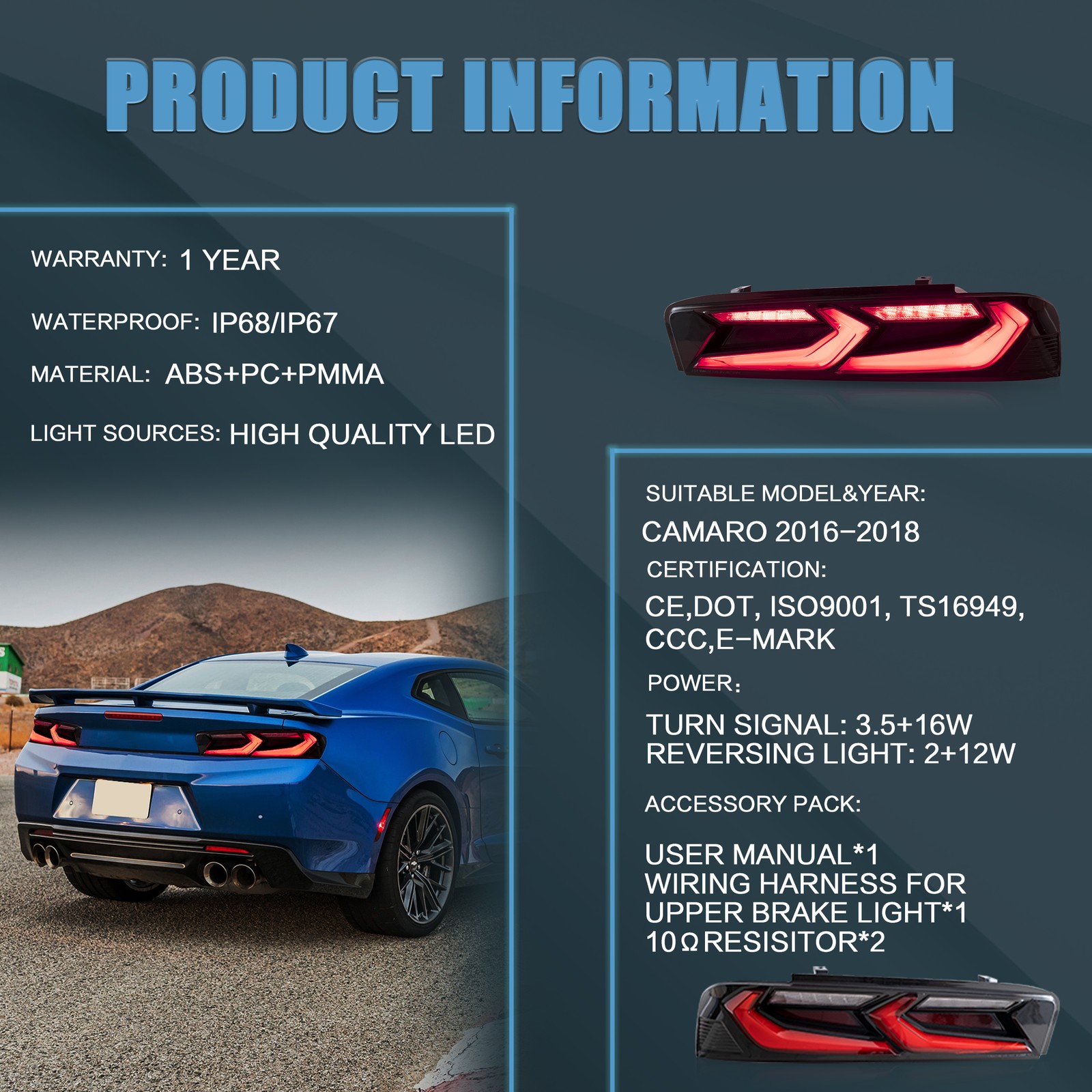 VLAND FULL LED Tail Lights For Chevrolet Camaro 2016-2018 DRL Rear Light Pair
