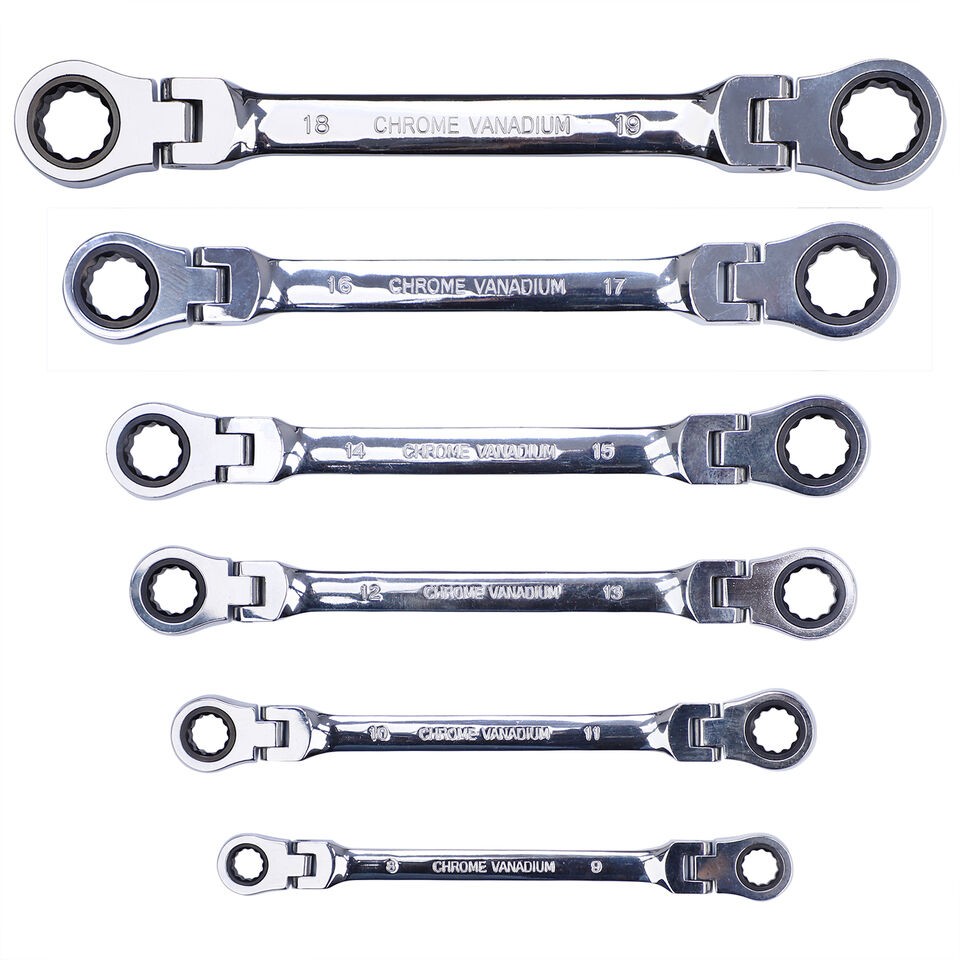 6pc Flex Head Ratchet Wrench Set Metric 8-19mm Extra Long 180° Reversible