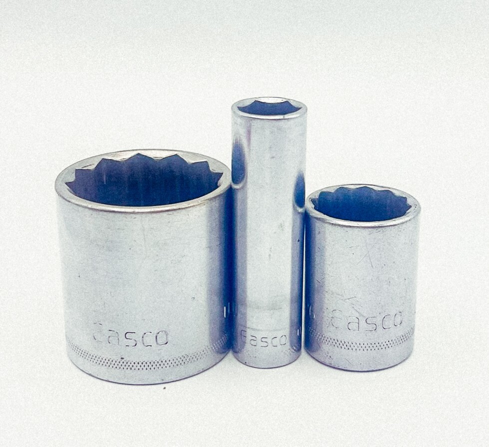 3-Pc EASCO Socket Set, 6pt 3/8dr 1/2″ deep + 12pt 1/2dr 1-1/4″, 13/16″ shallow