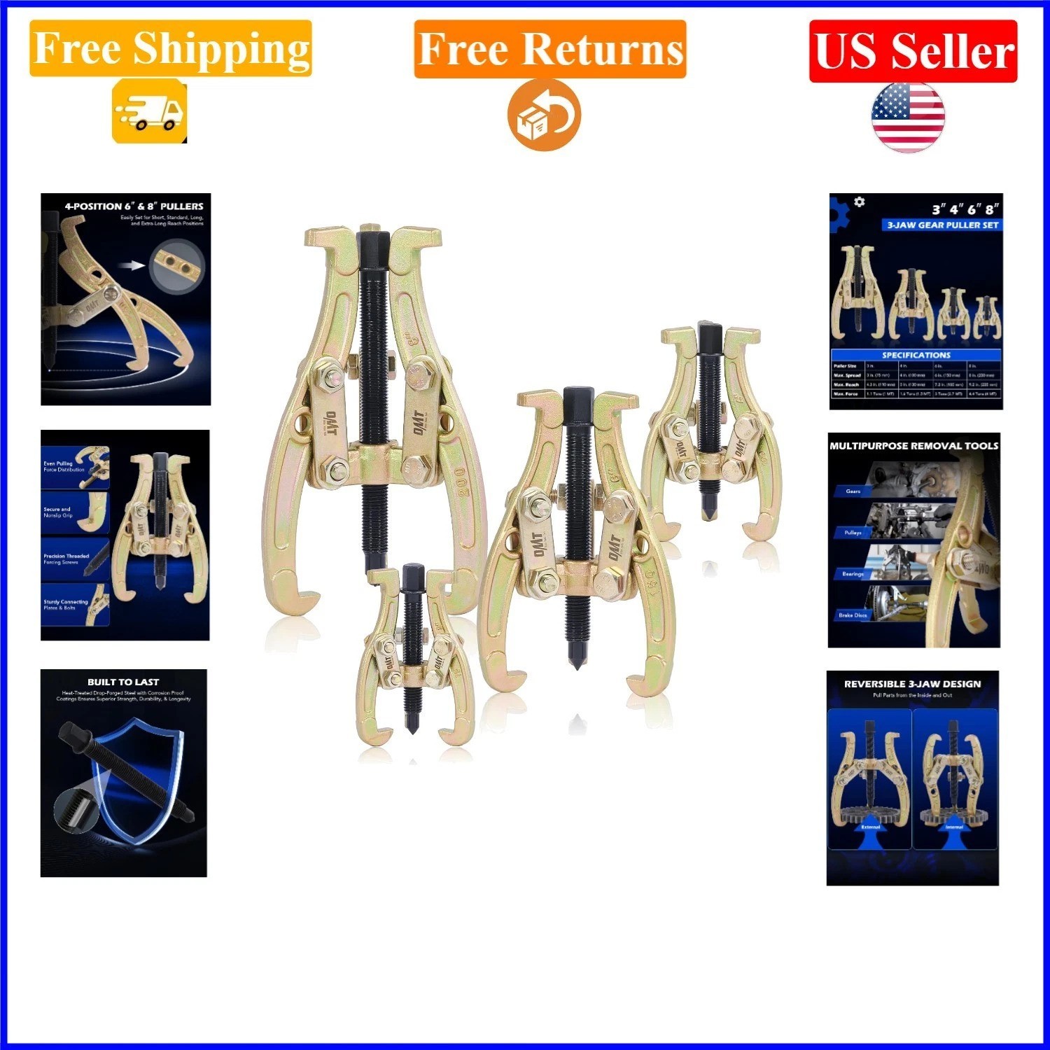 Heavy Duty Alloy Steel Gear Puller Set, 4 Pcs, Gold, 3-8 In