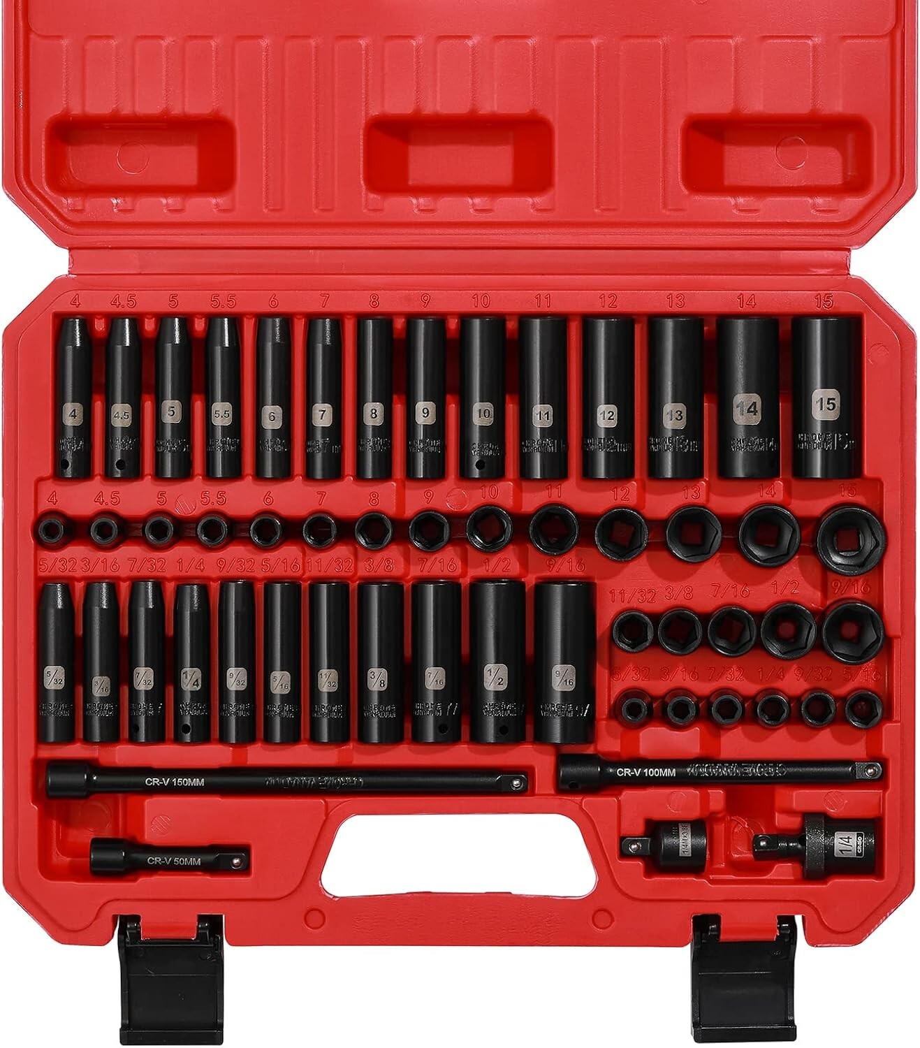 1/4 Inch Drive Master Impact Socket Set 55-Piece 6 Point SAE/Metric Deep/Shallow