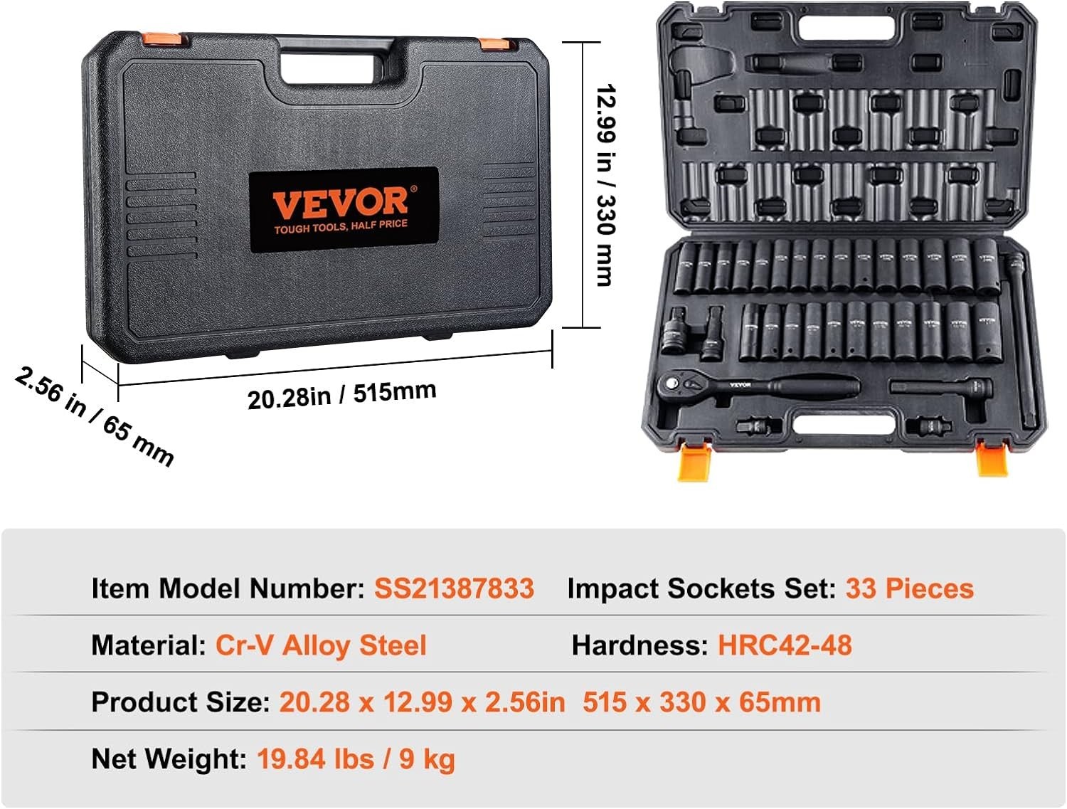 33-Piece Impact Socket Set 1/2″ Drive – CR-V Steel, Ideal for Automotive