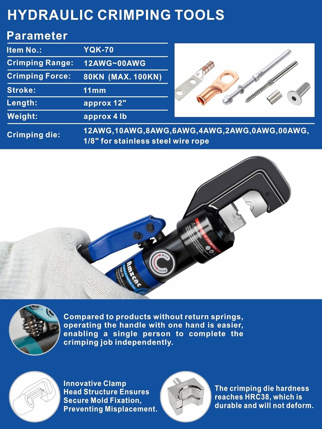 AMZCNC Hydraulic Crimping Tool and Cable Cutter Lug Blue