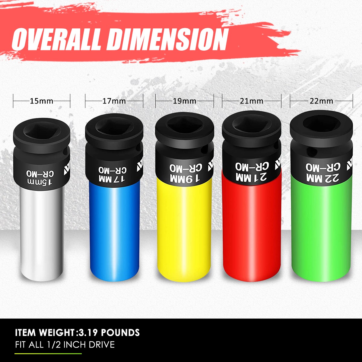 5Pcs 1/2″ 15/17/19/21/22mm Drive Wheel Protector Impact Lug Nut Bolt Socket Set