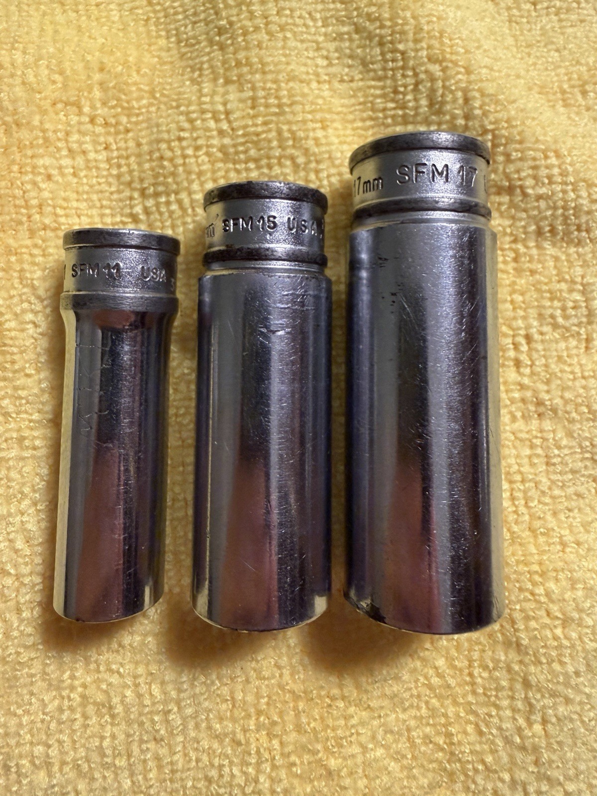 Lot Of 3 Snap-on Deep Metric Sockets 11mm, 15mm, 17mm SFM 12 Point Vintage