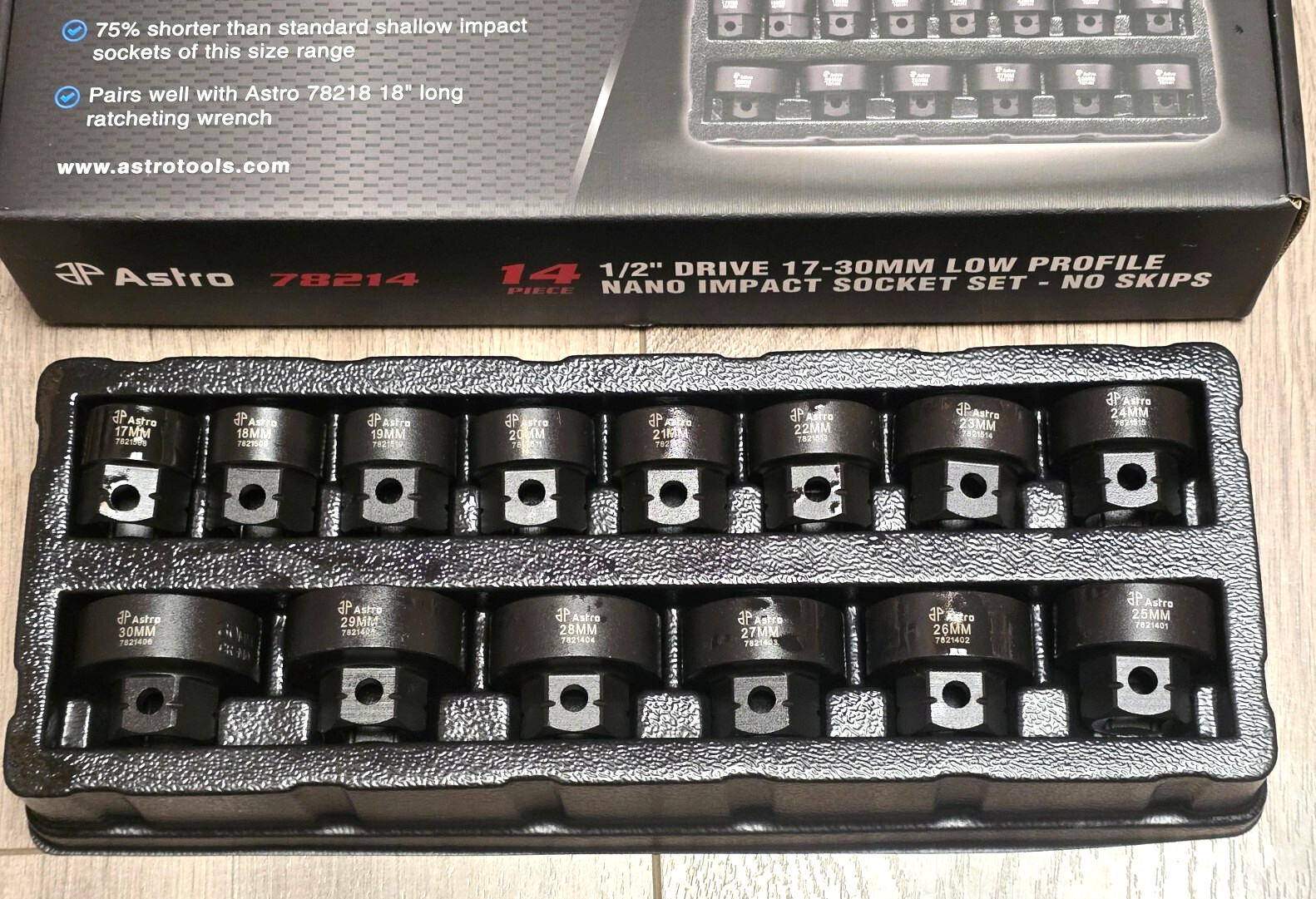 Astro 1/2″ dr 14pc Metric Dual Drive Stubby Nano Impact socket Set 17-30mm 78214