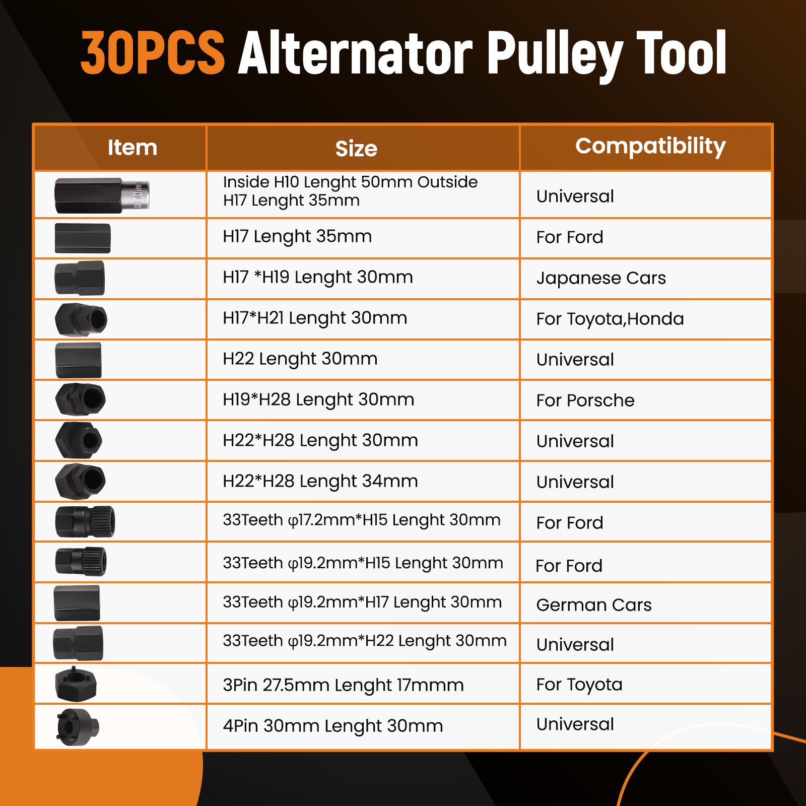 30Pcs Universal Alternator Freewheel Pulley Set For VW Audi Ford BMW others