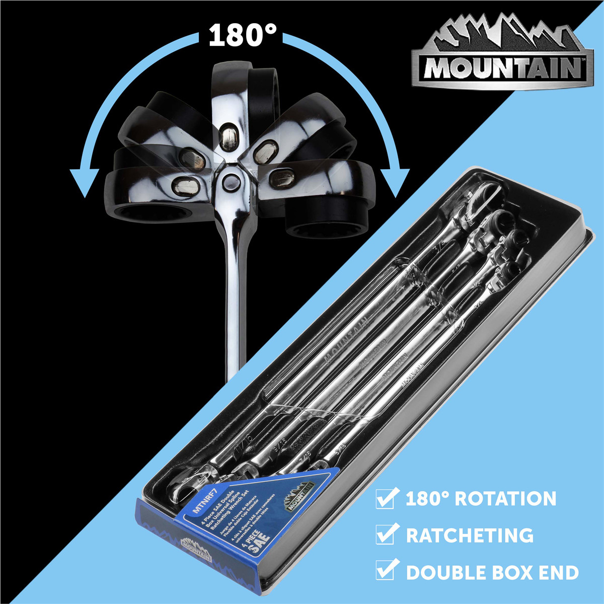 Mountain RF7 Extra Long Flexible Ratcheting Wrench Set 90 Tooth with Tray