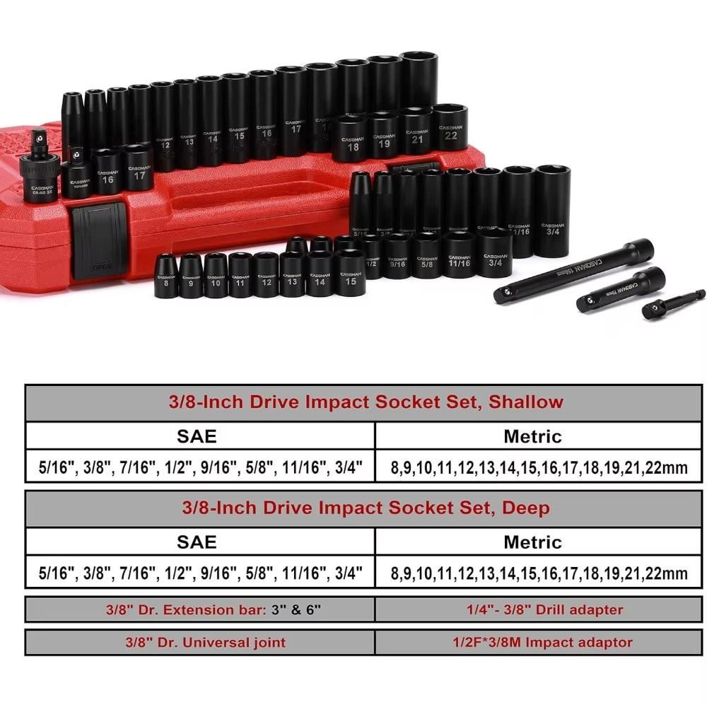 49 Piece 38 Drive SAE Metric 6 Point CrV Steel Impact Socket Set 8 22mm
