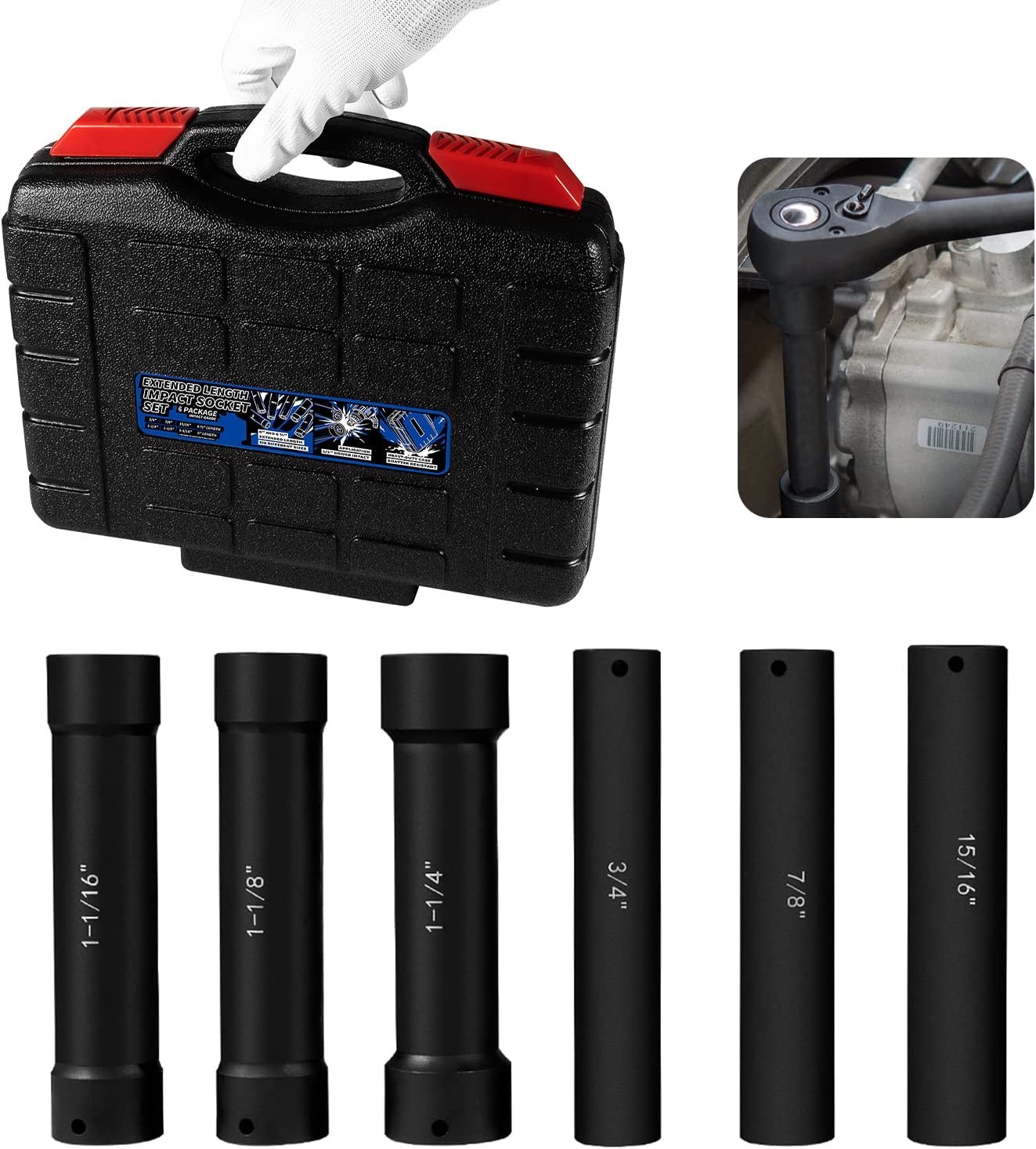 1/2 Inch Drive Heavy Duty Extended Length Extra-Deep Length Impact Socket Set