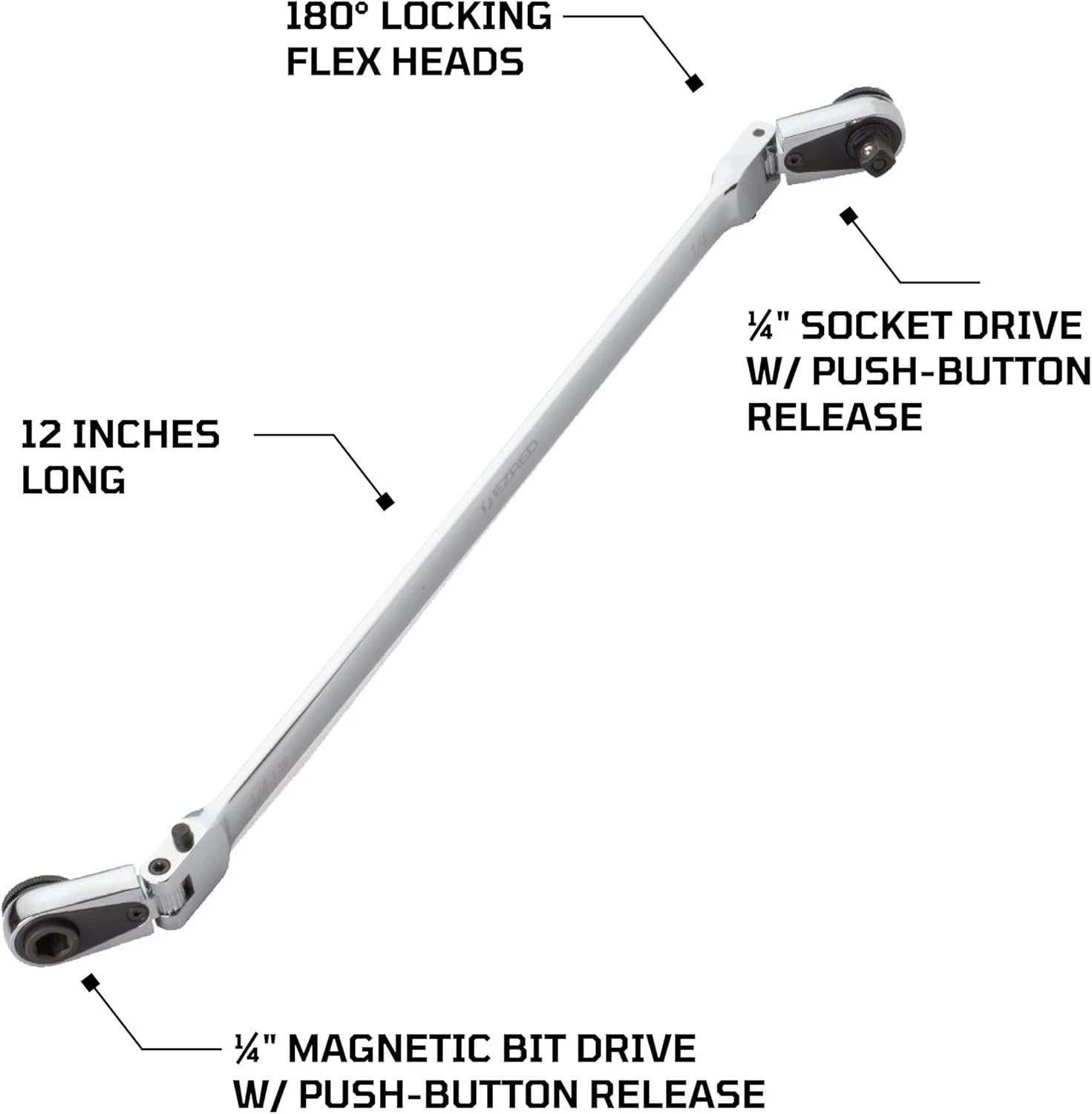Durable 12″ Chrome Flex Ratchet – 1/4″ Square Drive & Magnetic Bit, Reversible