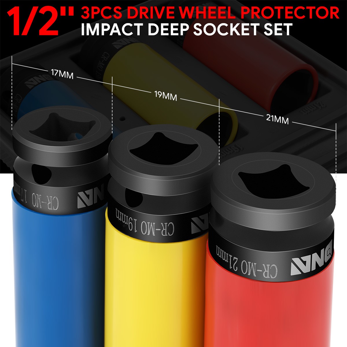 3Pcs 1/2″ Drive Deep Impact Wheel Protector Lug Nut Bolt Socket Set w/Carry Case