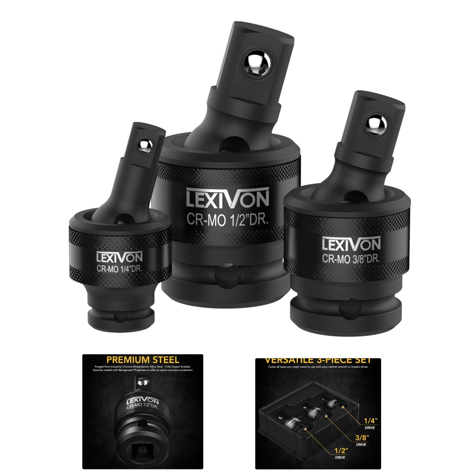 Versatile Heavy-Duty Joint Socket Swivel Set | Fits 1/2″, 3/8″, and 1/4″ Drives