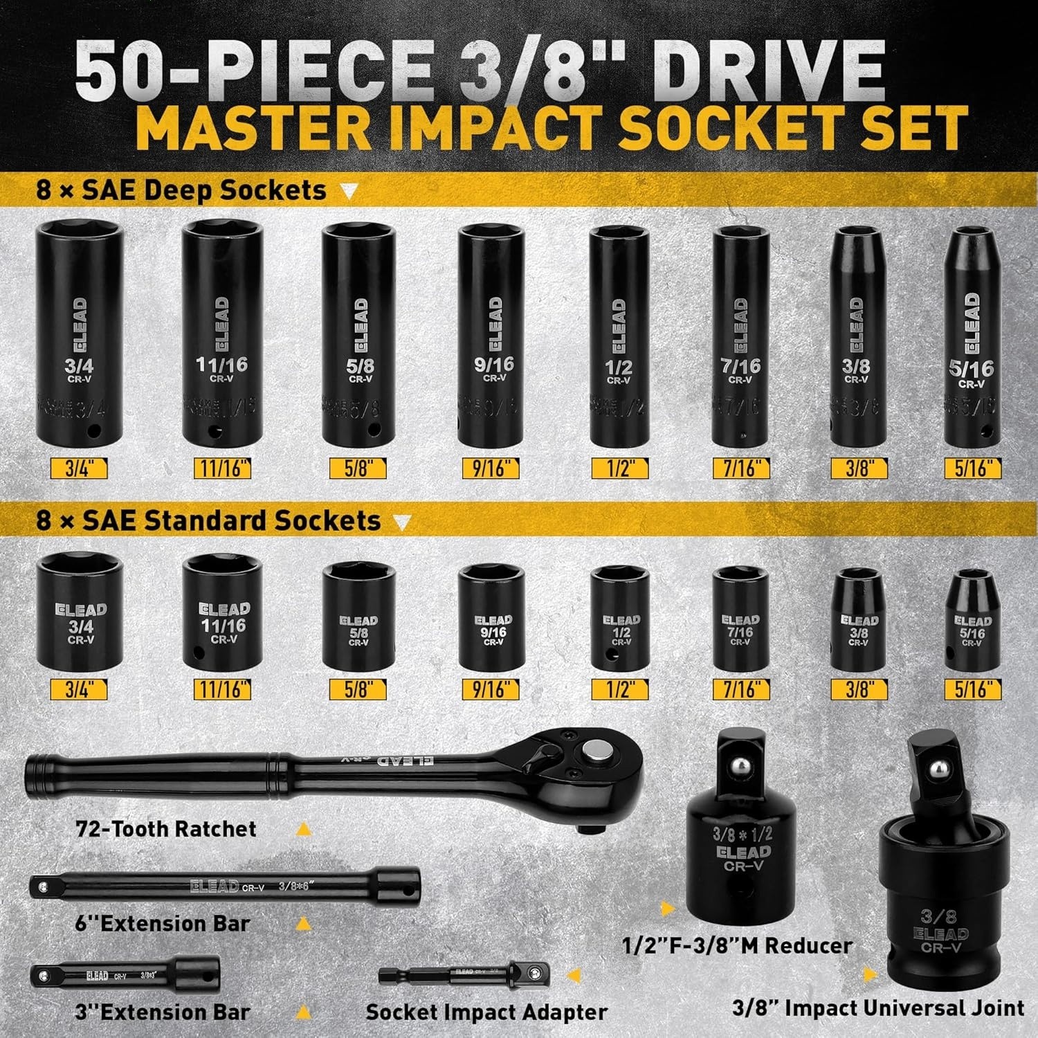 3/8» Drive Impact Socket Set Shallow & Deep Socket Set Metric & Standard Full